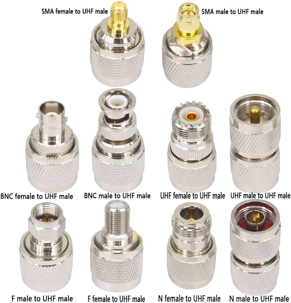 Boobrie Juego de conectores coaxiales de RF de 10 Uds. Kit de adaptador UHF macho UHF a FUHF a BNCUHF a NUHF a SMA Adaptador UHF Conector de cable