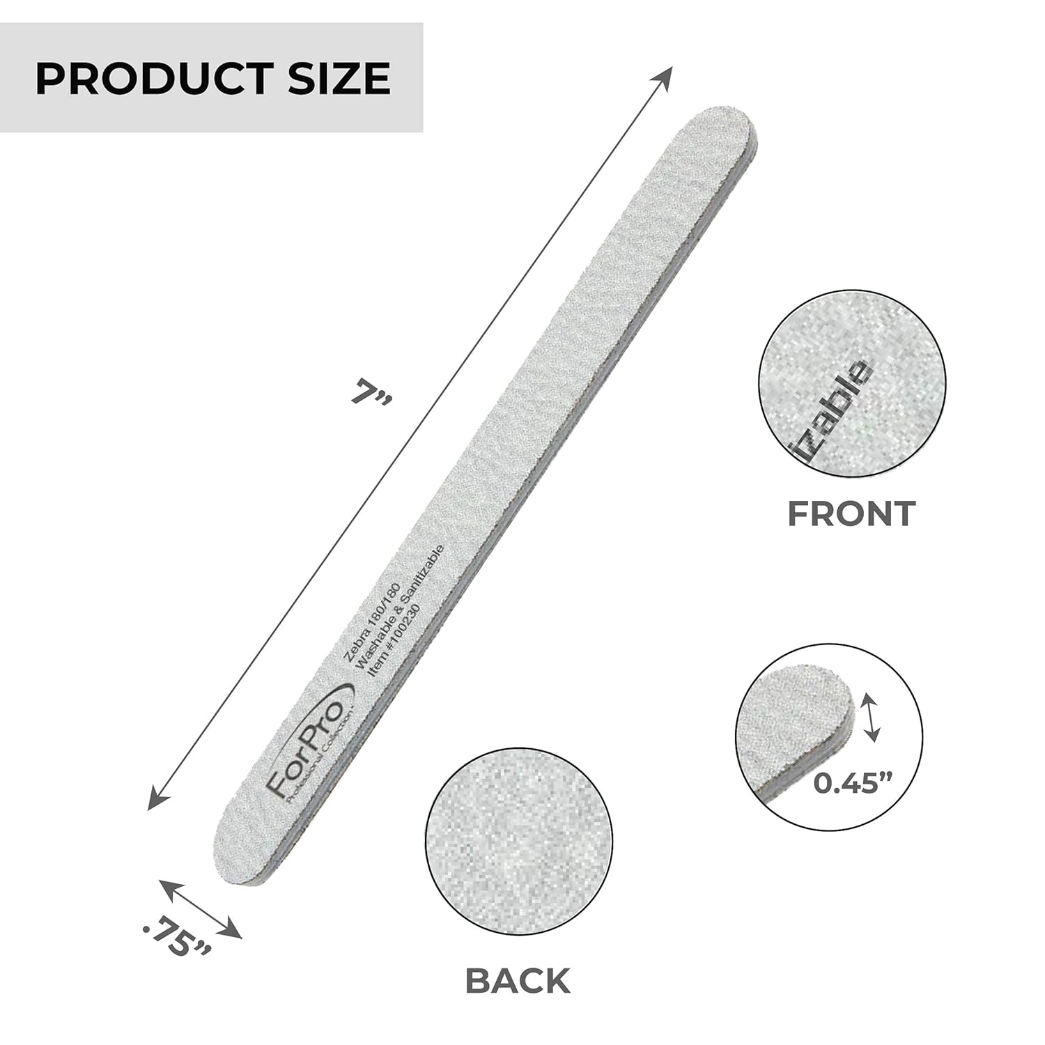ForPro Professional Collection Zebra – Tabla de espuma, grano 180180, lima de uñas de manicura de doble cara, 7 pulgadas de largo x 0.75 pulgadas de
