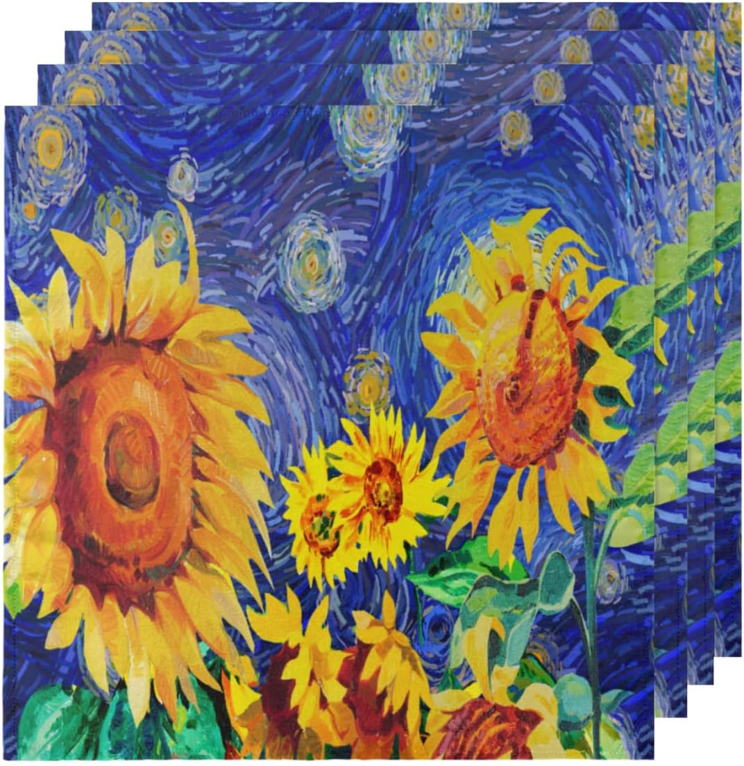 Cloth Napkins Set of 6 Starry Night 20×20 Inch Cloth Napkins Sunflower Washable Reusable Kitchen Dinner Napkins Table Decor for Wedding, Holiday