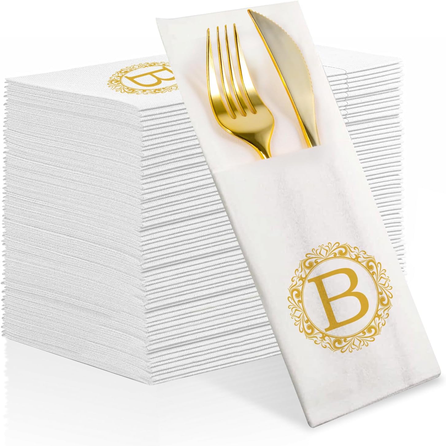 Servilletas de bolsillo desechables con monograma, paquete de 50 servilletas blancas y doradas con letra B, toallas de mano desechables para baño,