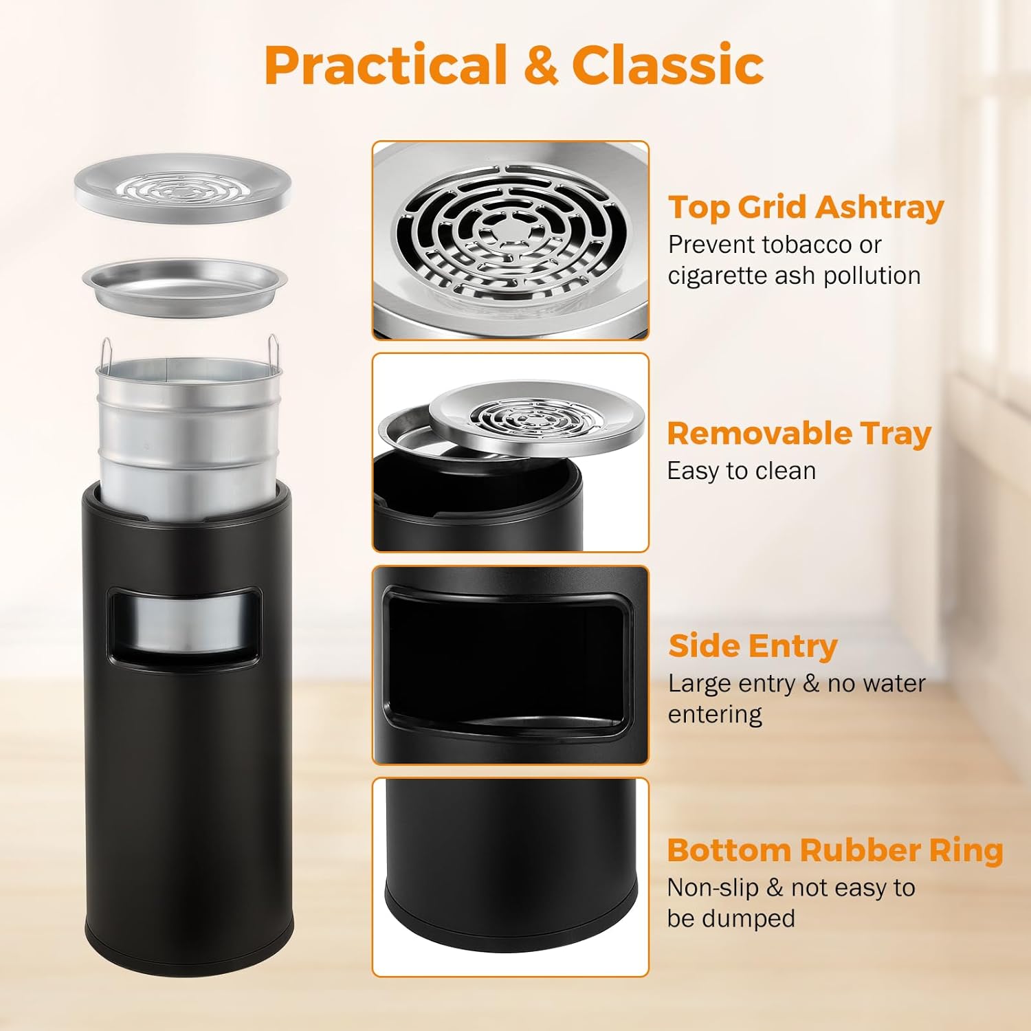 BEAMNOVA Bote de basura al aire libre con tapa, contenedor de basura comercial negro de acero inoxidable para patio, garaje interior, contenedor de