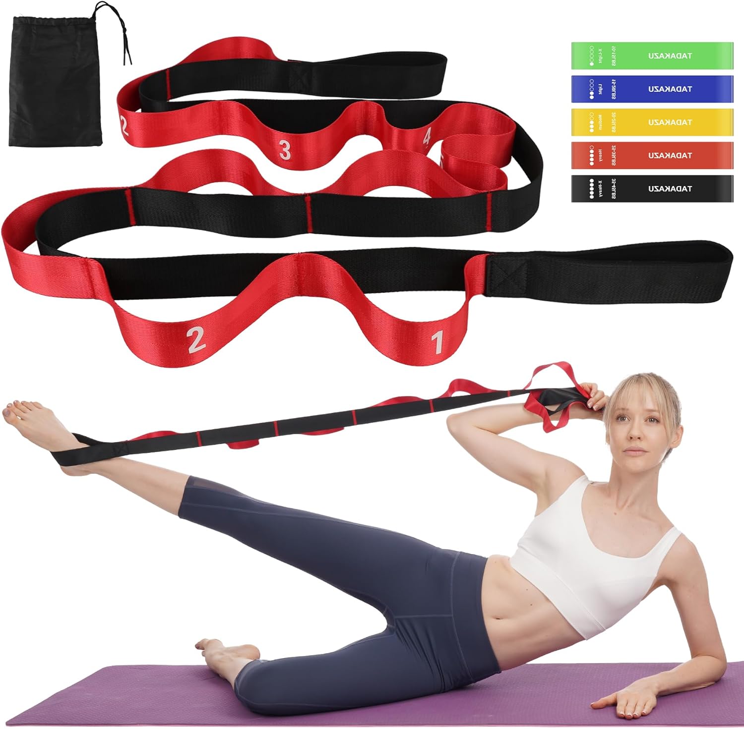 Juego de bandas de resistencia para mujer, correa de yoga no elástica con bucles para estiramiento terapia física, bandas de entrenamiento con 5