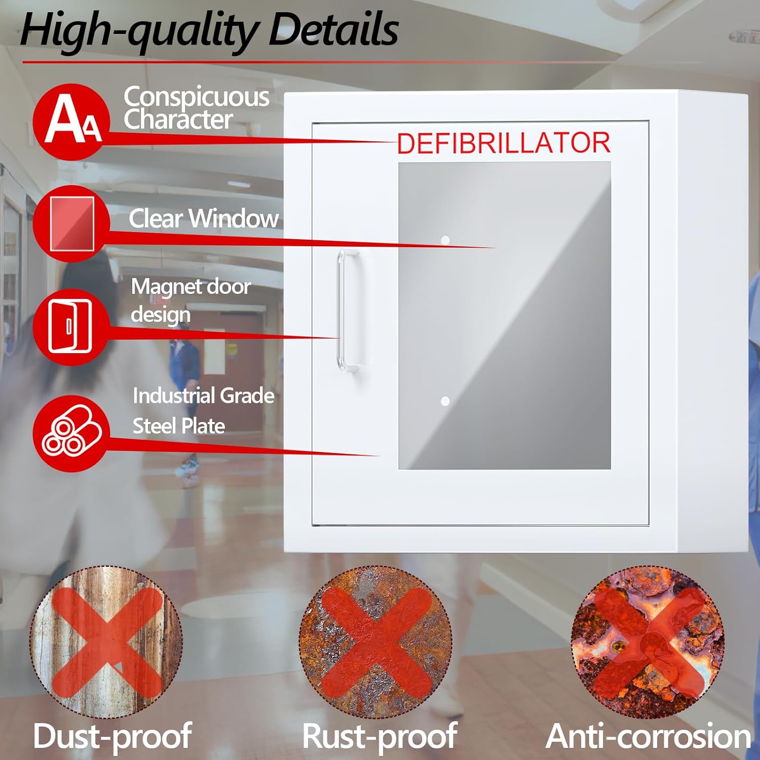 NLShan Armario AED, gabinete de almacenamiento de montaje en pared con placa de acero de metal y cerradura magnética, 14 x 7.9 x 14.2 pulgadas,