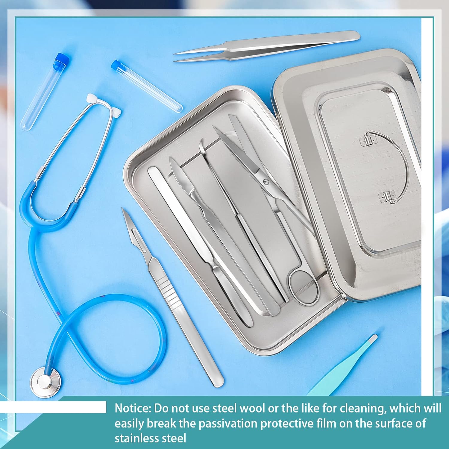 Fabbay 2 bandejas quirúrgicas médicas 201 de acero inoxidable para instrumentos dentales, bandeja organizadora, caja de metal esterilizado con tapa