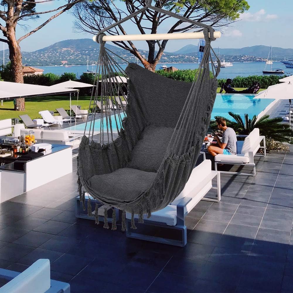 Silla hamaca colgante de cuerda con 2 cojines, silla columpio grande de macramé, tejido de algodón para mayor comodidad y durabilidad