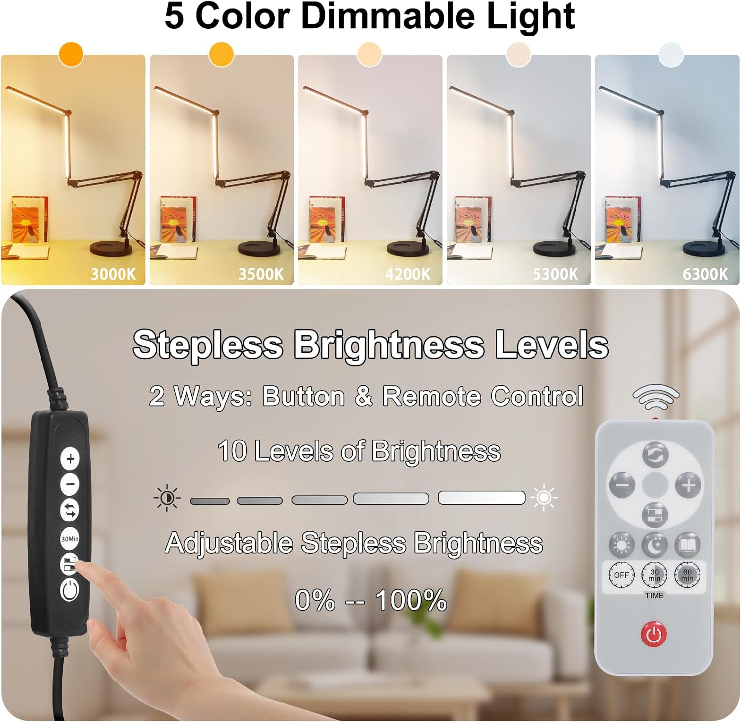 Lámparas de escritorio 2 en 1 para tecnología de uñas, lámpara de escritorio LED grande de 24 W con control remoto, lámpara de arquitecto doble,