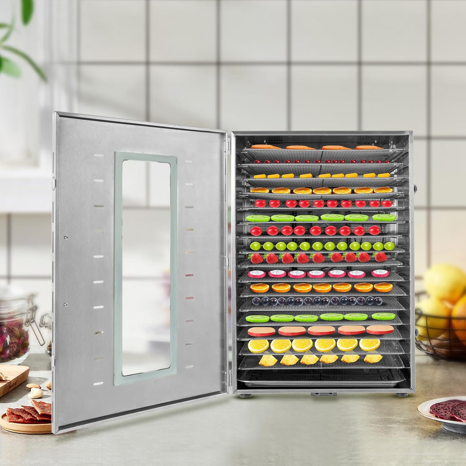 Deshidratador de alimentos de 16 bandejas para carne seca de acero inoxidable de 1500 W, máquina deshidratadora comercial de alimentos con
