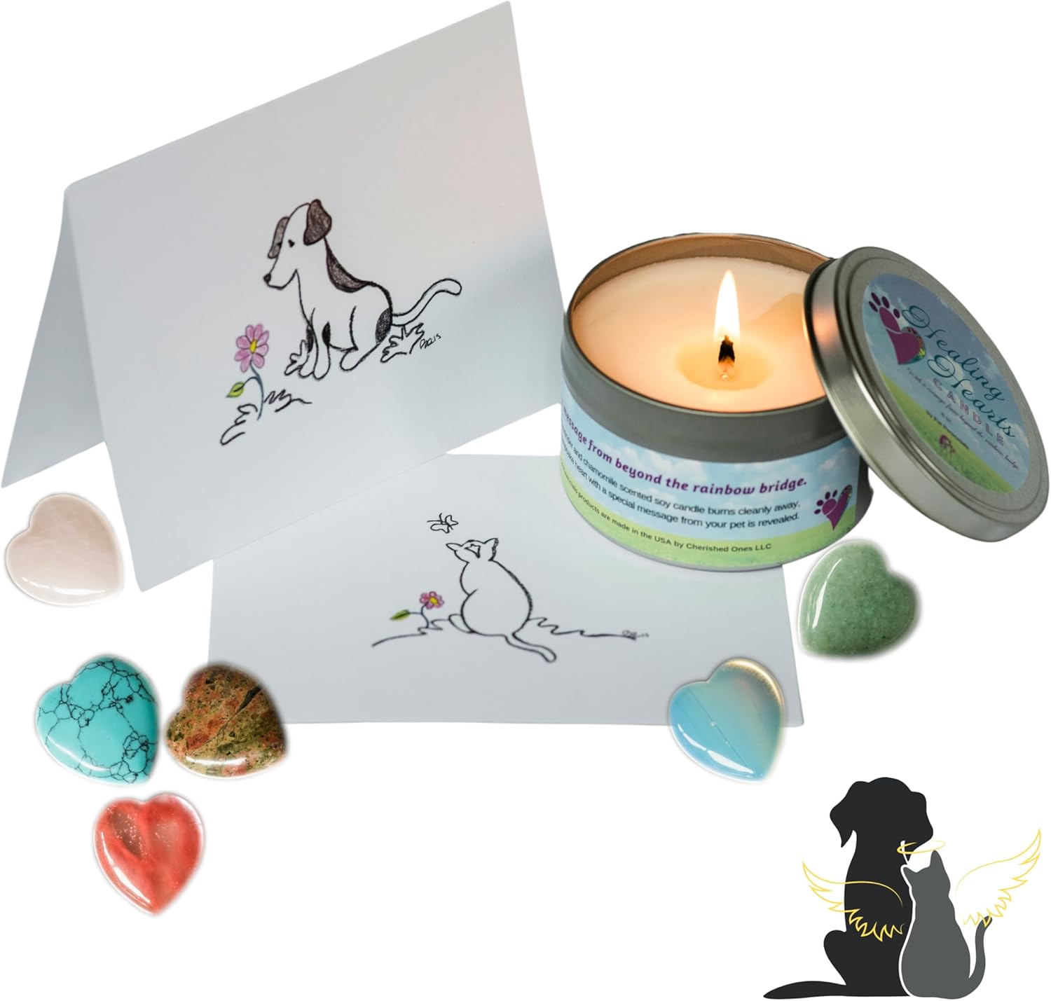 Pet Perennials Healing Hearts – Vela conmemorativa para mascotas, vela de soja con piedra de recuerdo de Feng-Shui (incrustada) Pérdida de regalos