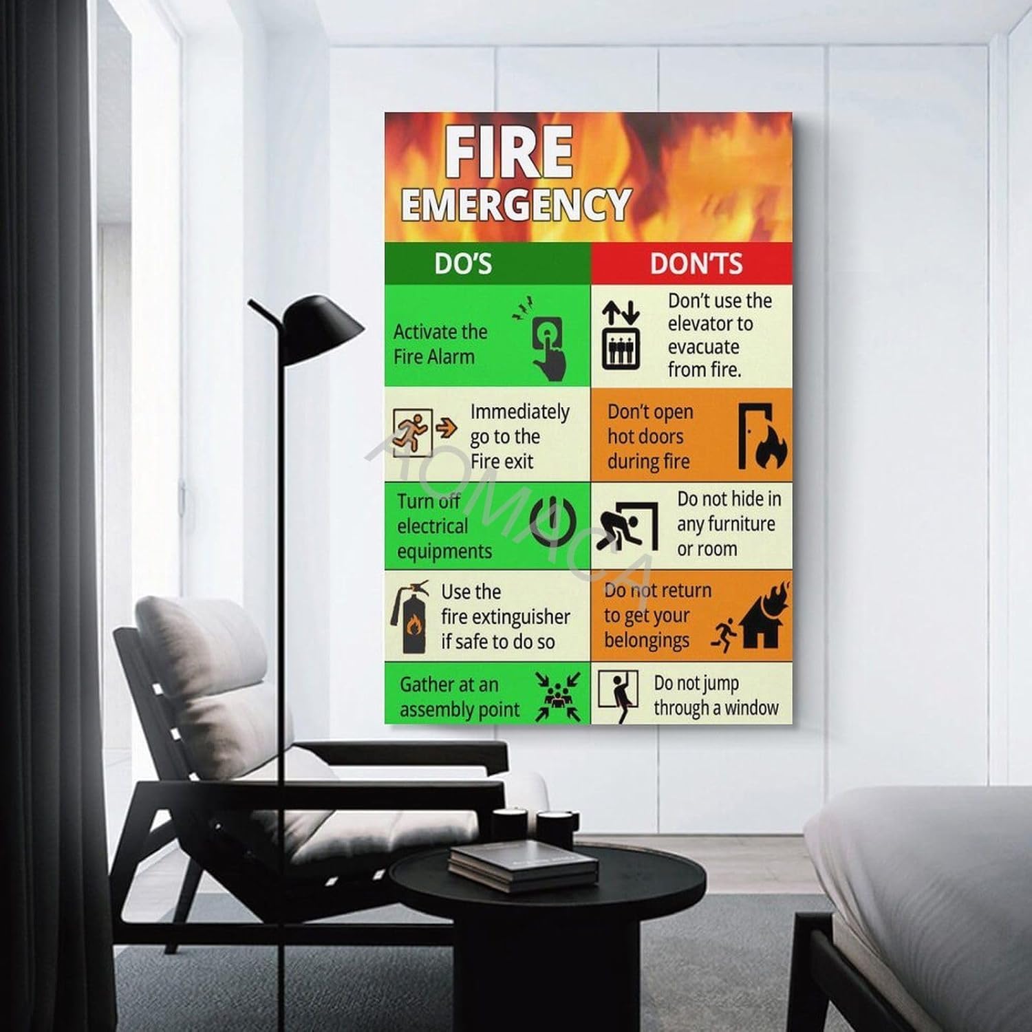 Póster de guía de evacuación de emergencia contra incendios, póster de emergencia de seguridad contra incendios, póster de decoración de pared de