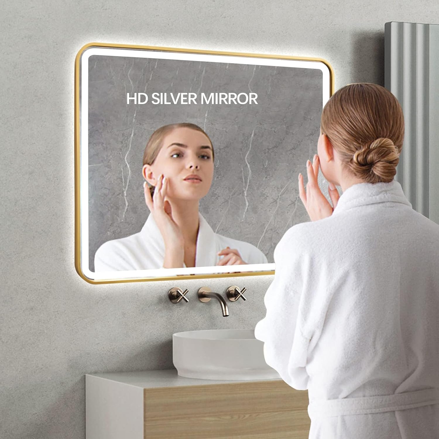 Espejo de baño LED, espejo rectangular de 36 x 28 pulgadas, espejo de pared antivaho con luz cálida  natural  blanca ajustable de 3 colores, 6000 K