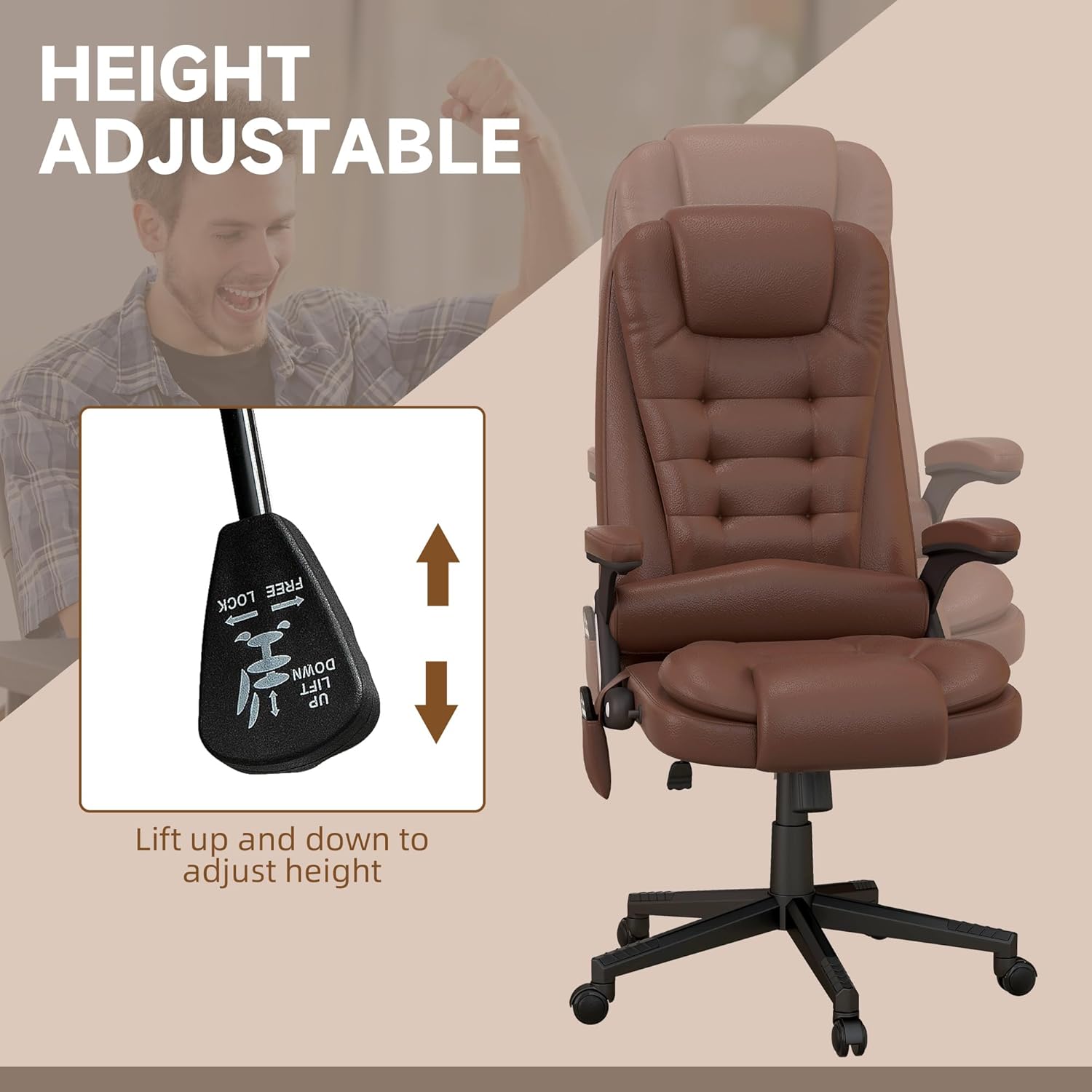 HOMCOM Silla de oficina de masaje con vibración de respaldo alto con 6 puntos de vibración, silla de computadora reclinable con calefacción de piel