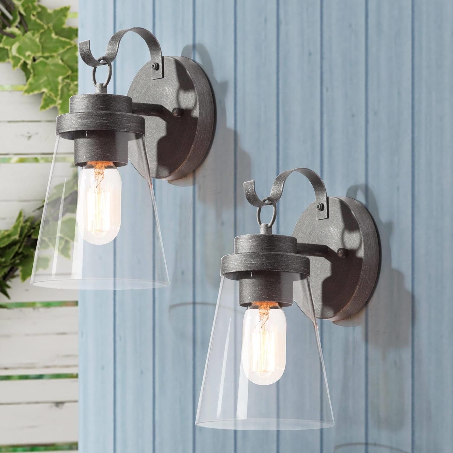 Paquete de 2 lámparas de pared para exteriores, apliques de pared exterior de granja con vidrio transparente, linternas modernas impermeables para