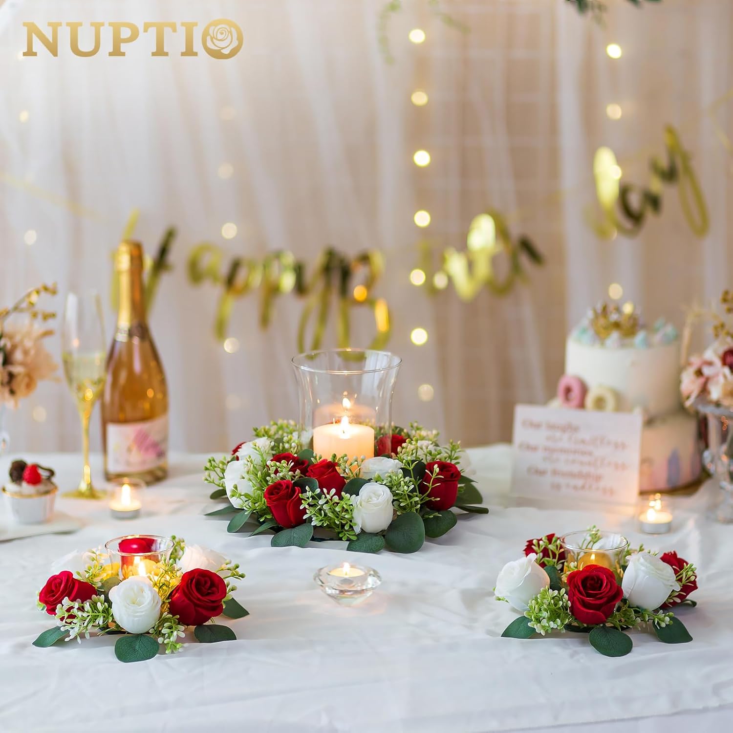 NUPTIO Candelabros de cristal Hurricane 6 jarrones de velas flotantes cilíndricas con corona de flores falsas grandes de 13.4 pulgadas, color