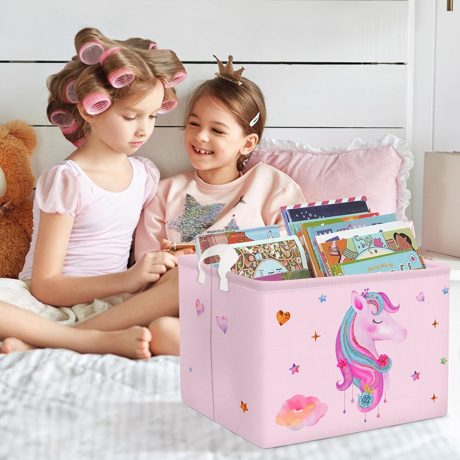 Clastyle Adorable cesta rectangular con diseño de unicornio rosa, estrella de nube, corazón, ropa, libros, cubo de almacenamiento de juguetes, 36L