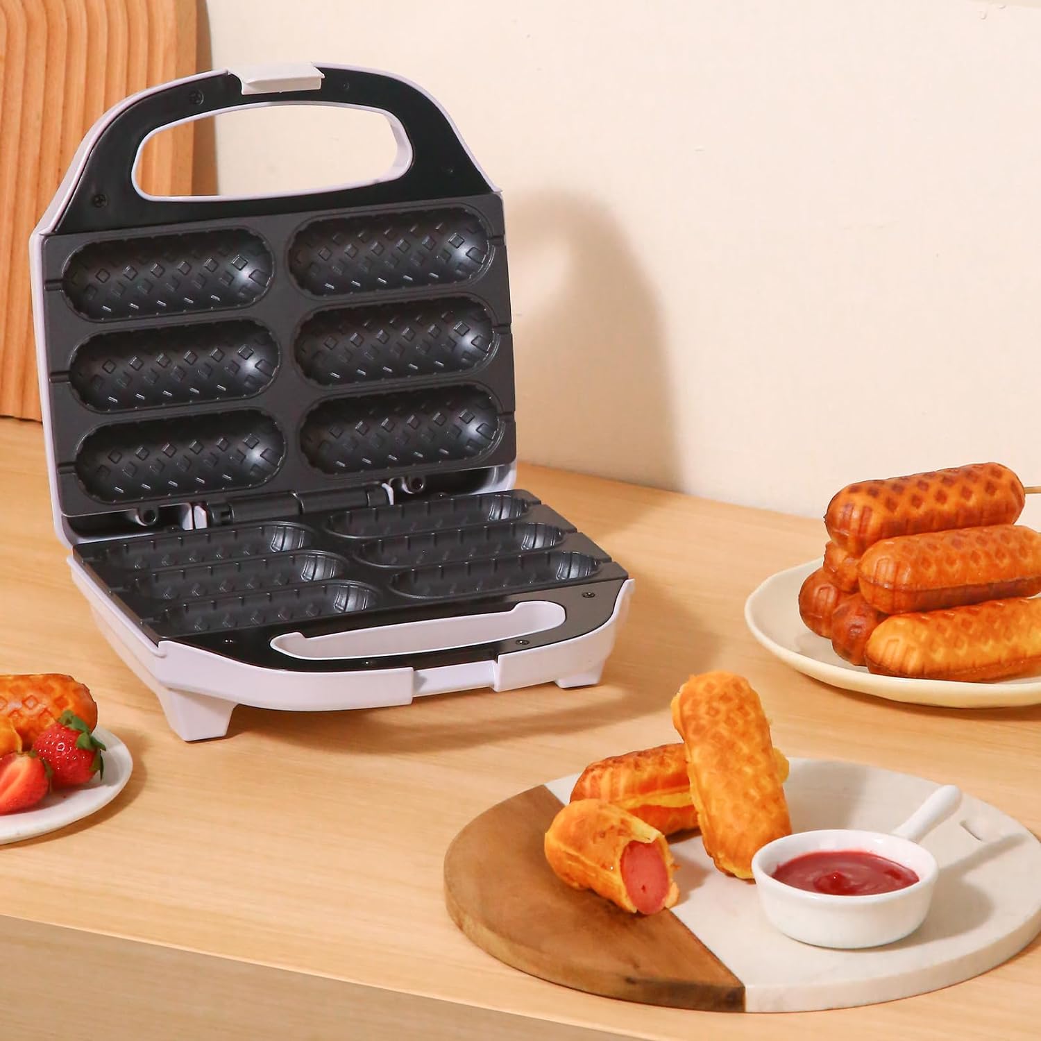 Máquina de gofres de maíz para perros calientes, con placa de revestimiento antiadherente, tostadora para perros calientes para hacer 6 perros de