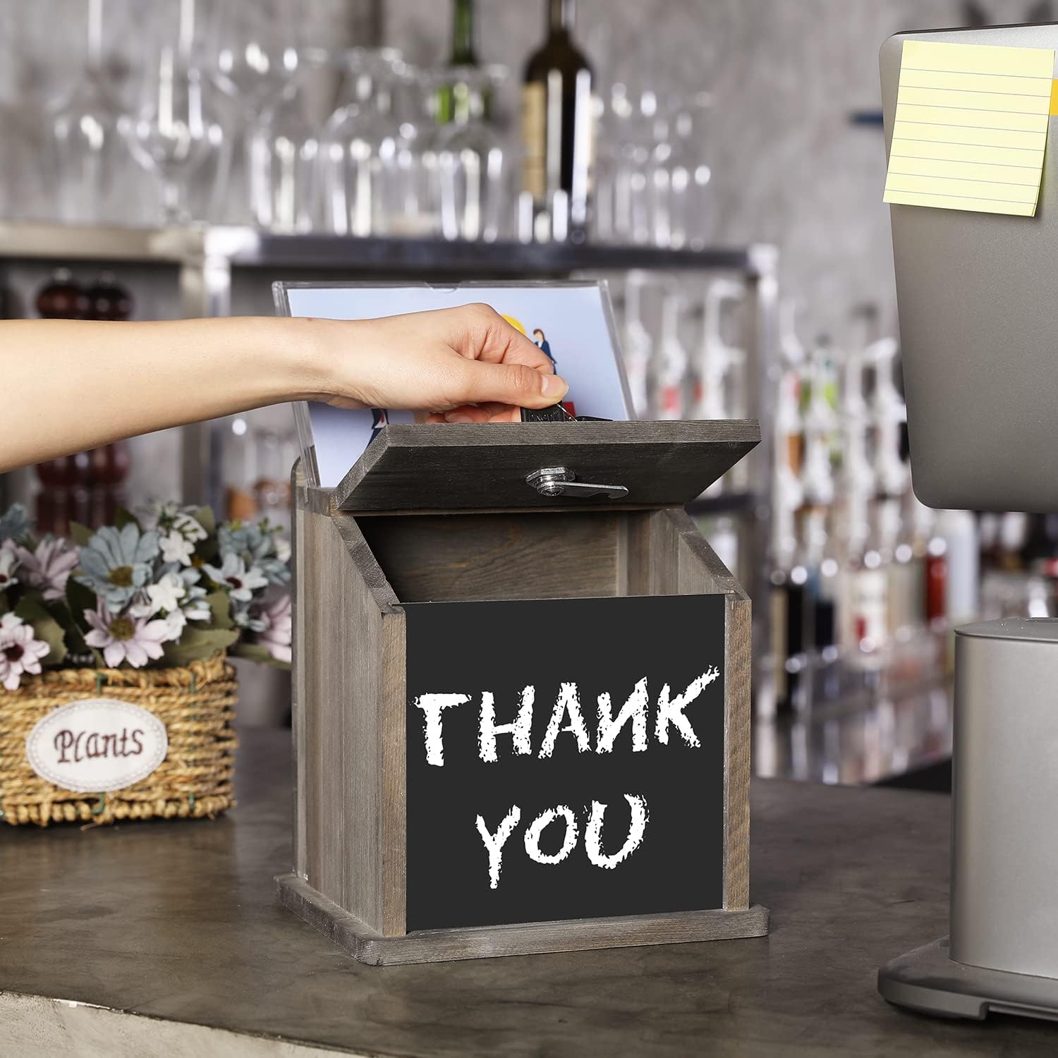 MyGift Weathered Gray – Caja de sugerencias de candado de madera maciza, punta de restaurante, colección de cajas de donación de recaudación de