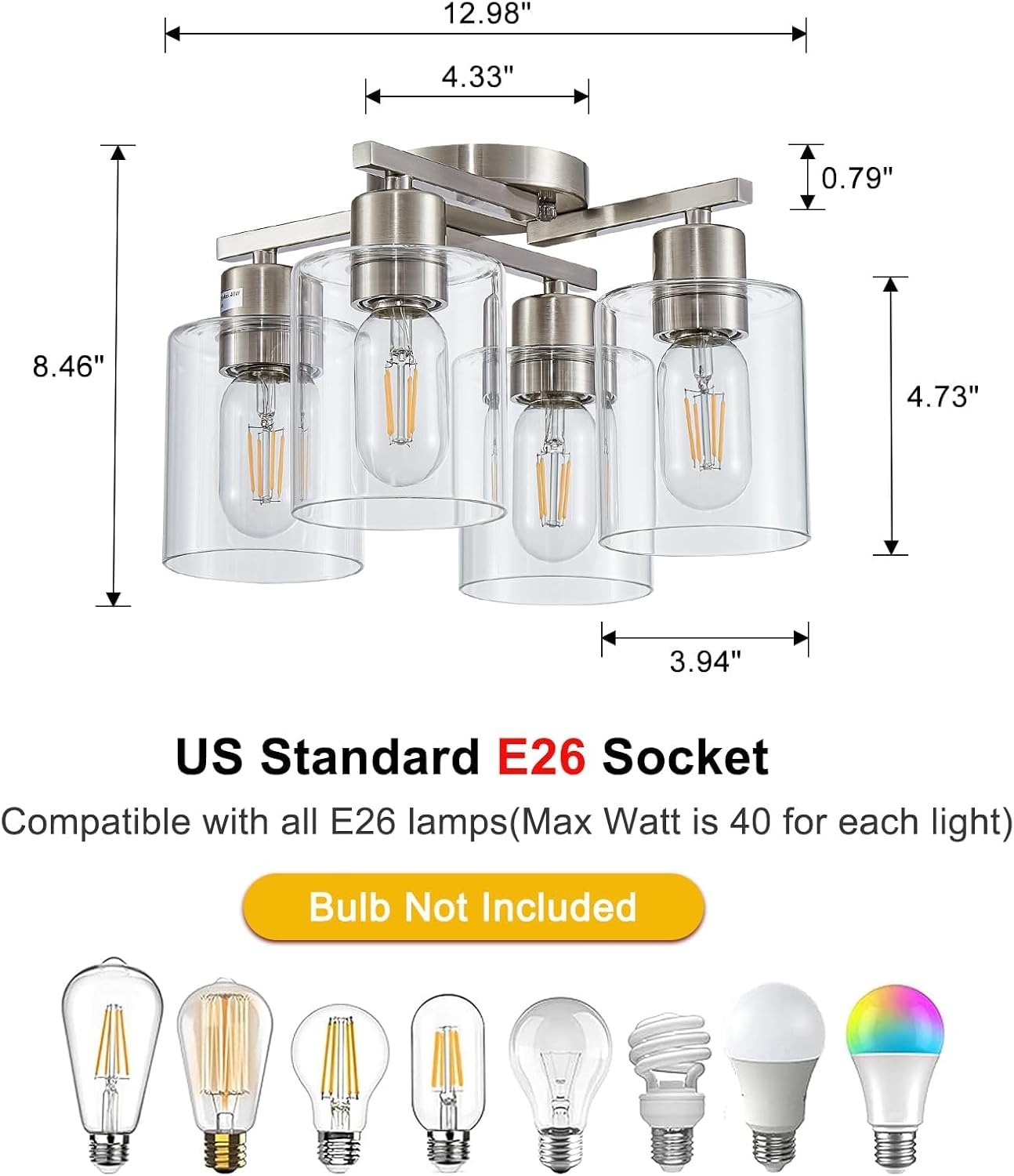 4 luces de techo semiempotradas, modernas lámparas de techo de níquel cepillado, accesorios de iluminación de techo con pantalla de vidrio