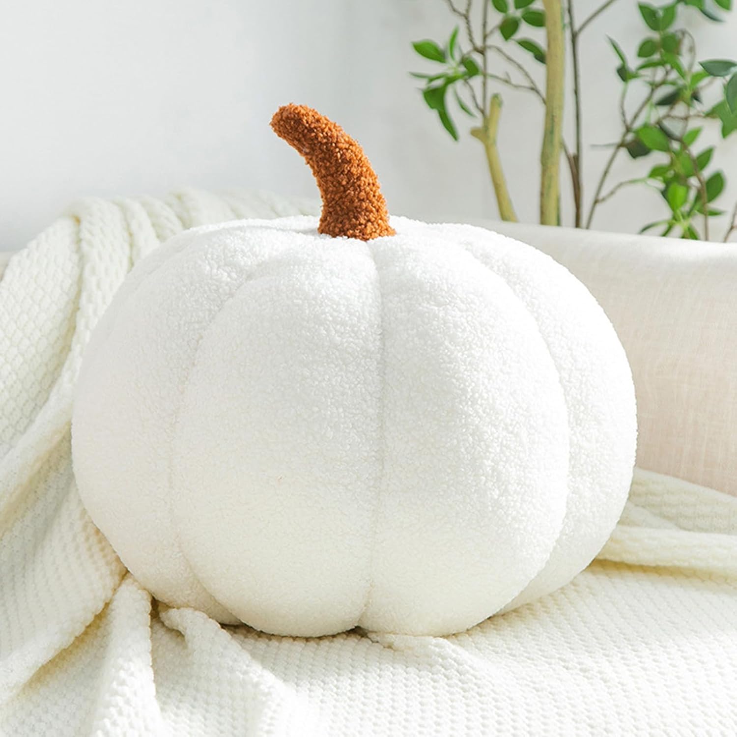 Gerlisay Almohada de calabaza de Halloween rellena de calabaza esponjosa de felpa blanca de peluche de 11.0 in11 pulgadas en forma de calabaza 3D