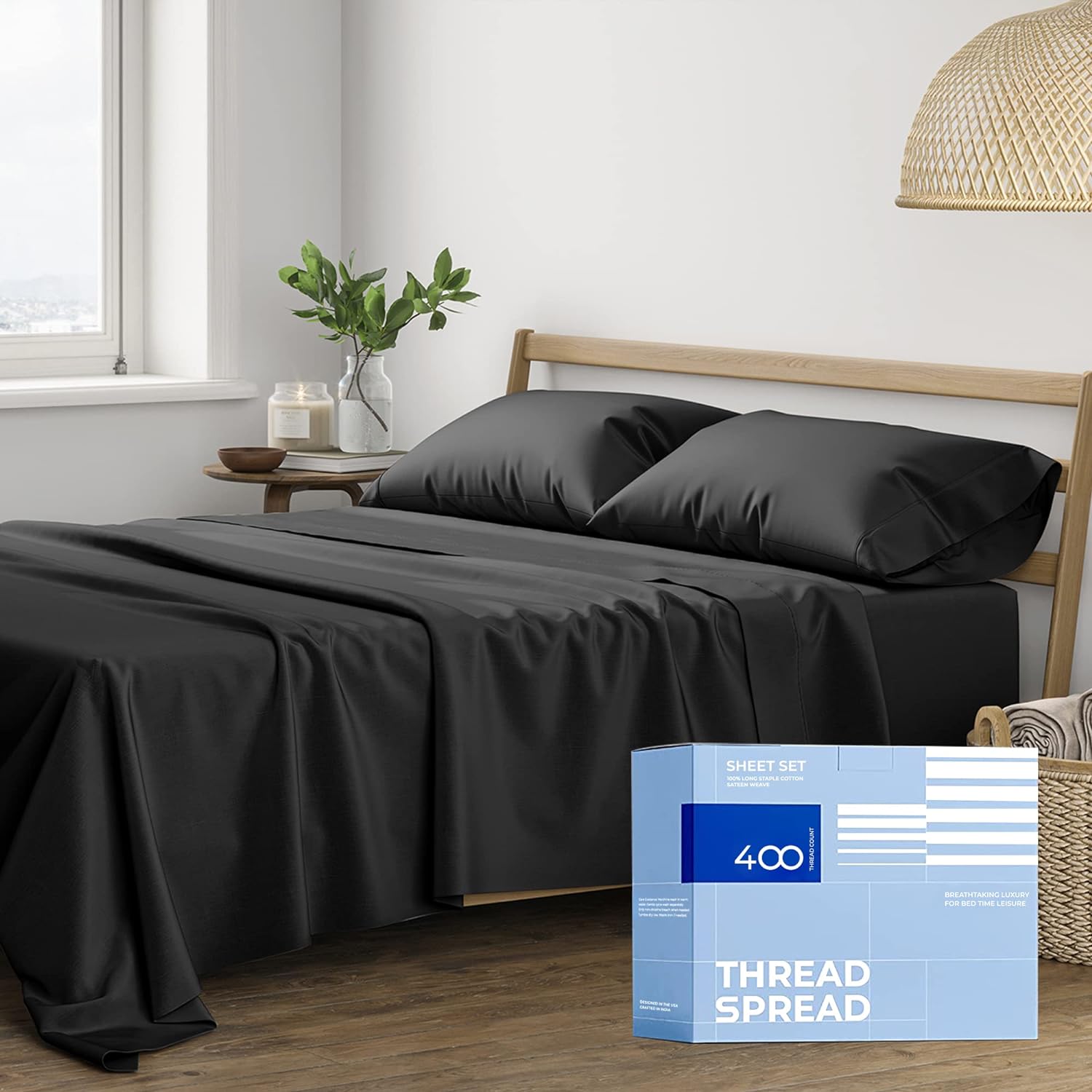 THREAD SPREAD Sábanas de 100 % algodón para cama tamaño King, juego de sábanas de algodón de 4 piezas de 400 hilos, sábanas refrescantes suaves y