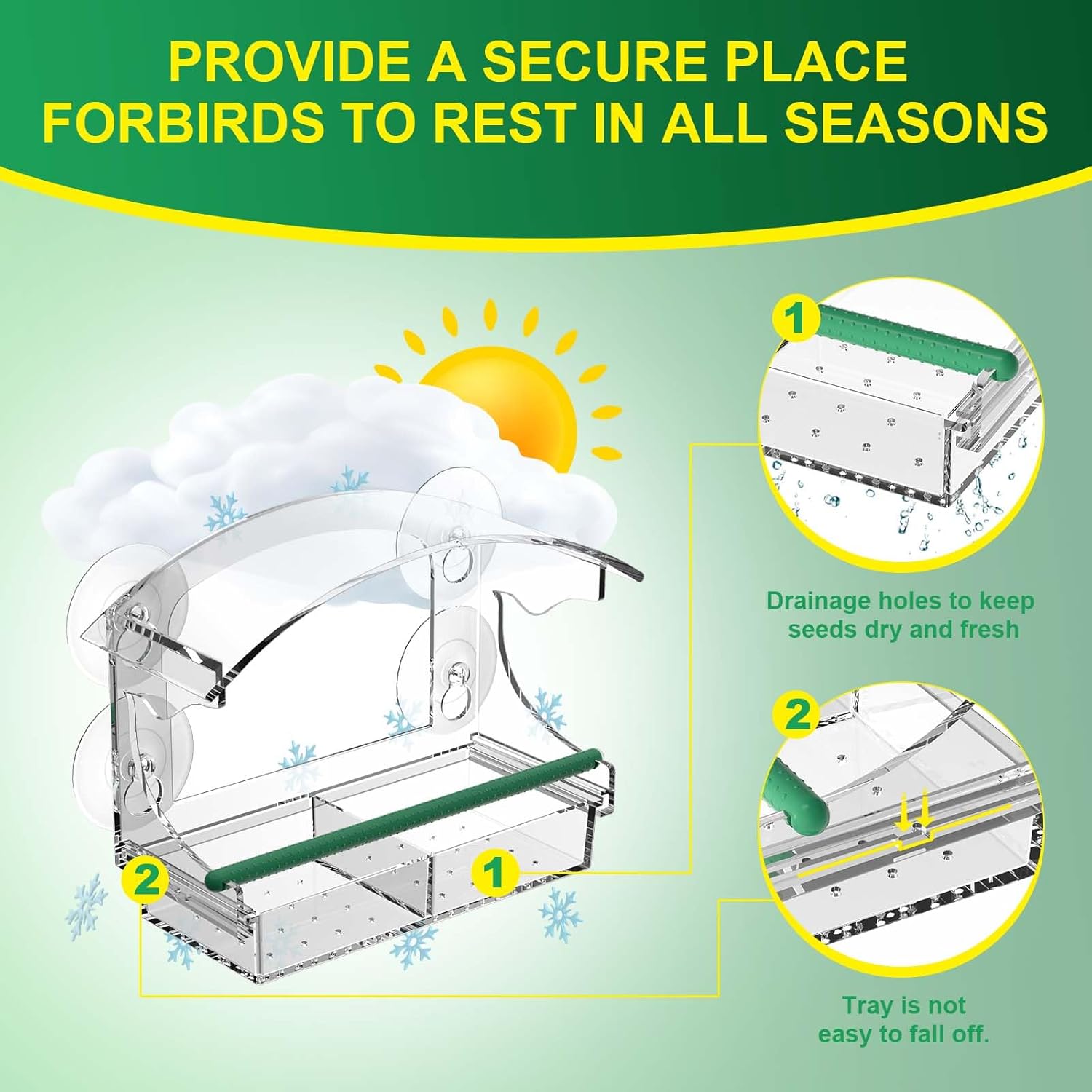 Comedero para pájaros de ventana transparente con 4 ventosas fuertes y bandeja de semillas desmontable, comederos acrílicos para pájaros montados en