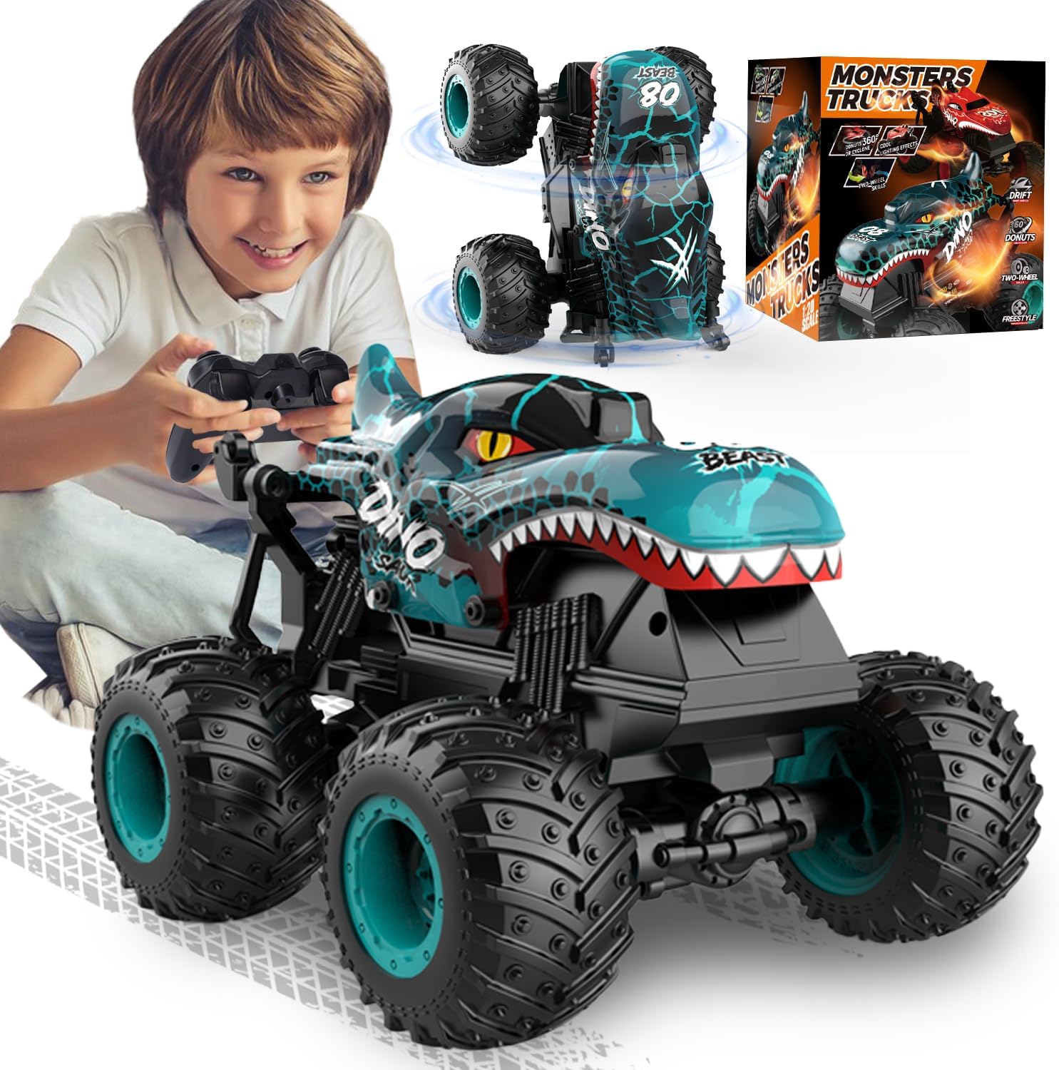 Monster Truck Toys, 2.4Ghz RC Monster Trucks para niños, 120 dinosaurio RC coches con luz y música, camión de control remoto con acrobacia, giro de