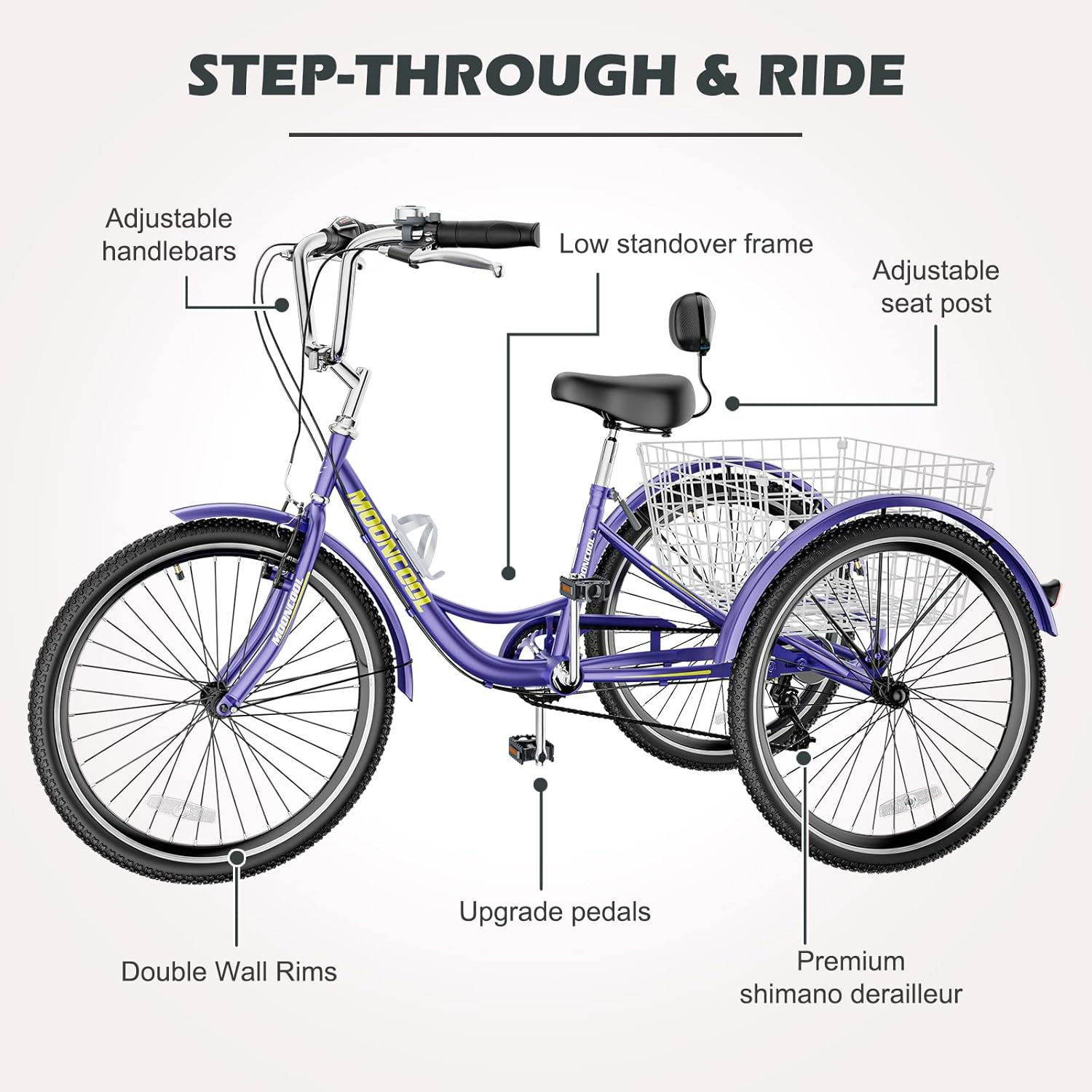 H&ZT Triciclo para adultos, bicicletas de 3 ruedas para adultos, triciclo crucero, con cesta grande y herramientas de mantenimiento y desviador de 7