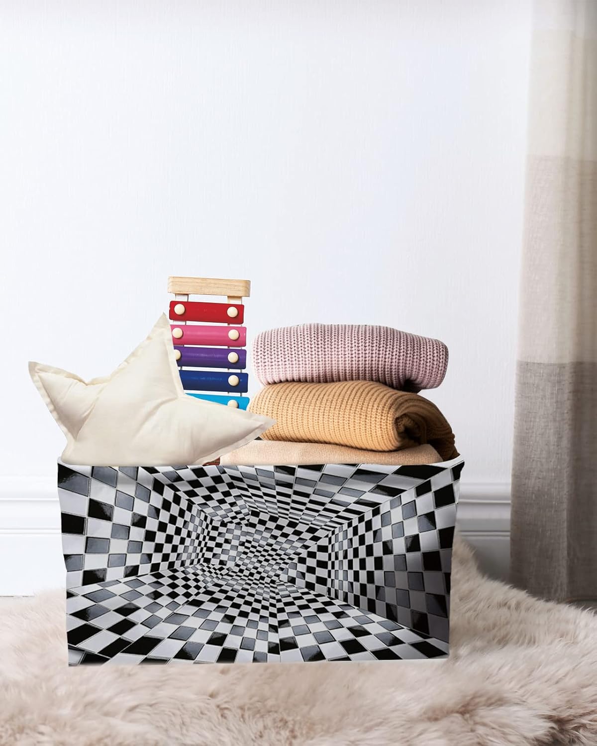Cestas de almacenamiento grandes abstractas modernas con geometría minimalista a cuadros negros y blancos, caja de almacenamiento plegable,