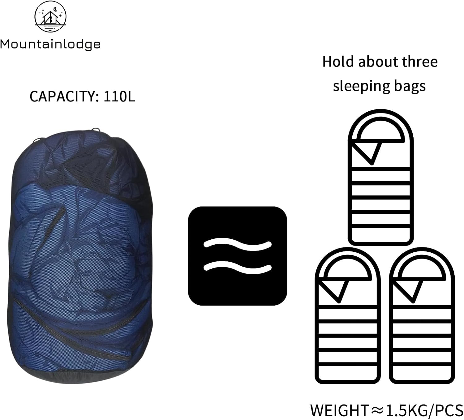 Saco de almacenamiento para saco de dormir de poliéster 110L y malla, capacidad extra grande para saco de dormir, senderismo, viajes y camping