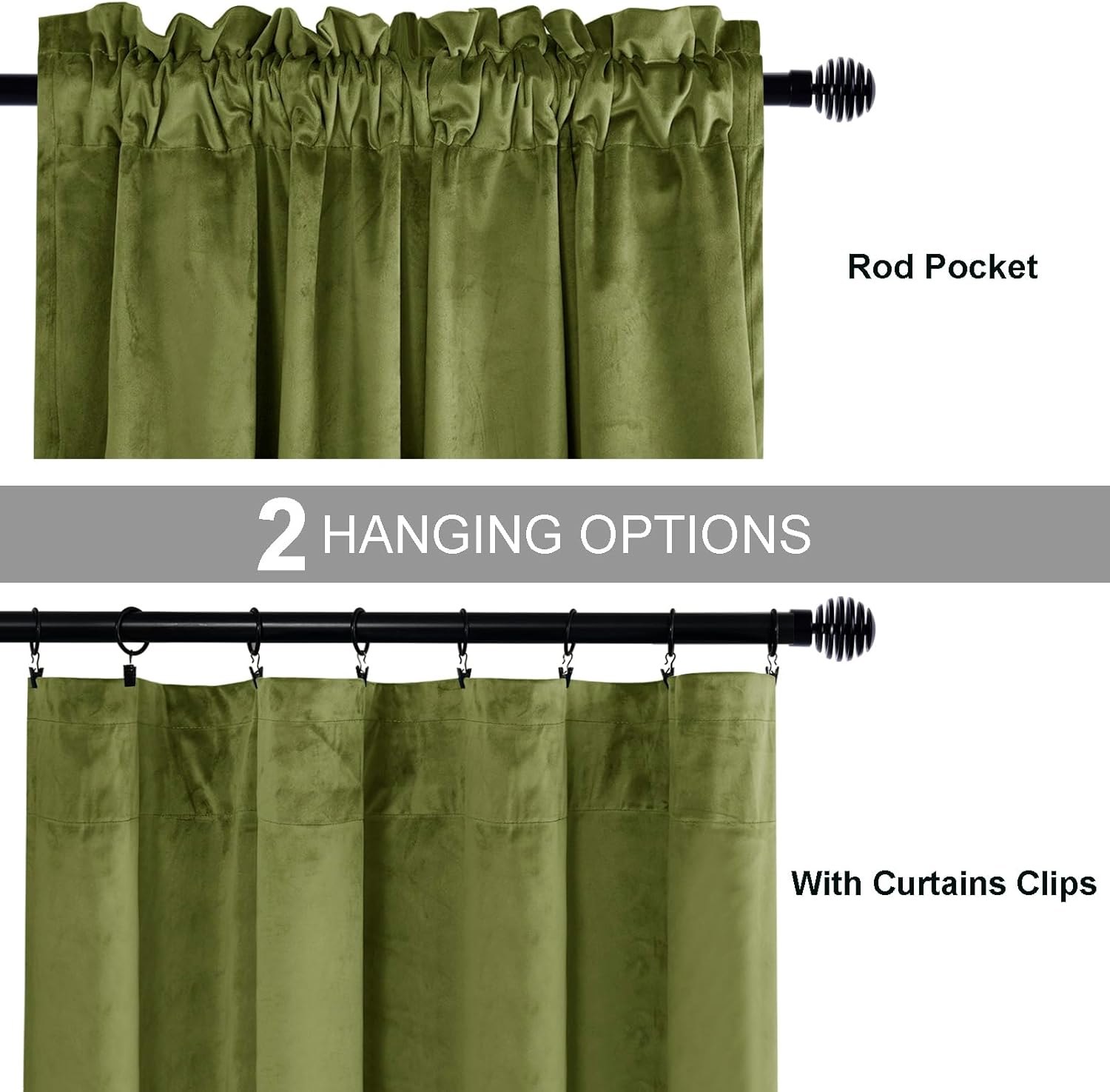 JIUZHEN Cortinas de terciopelo verde musgo de 96 pulgadas de largo para sala de estar, cortinas de terciopelo retro suaves con bolsillo para barra,