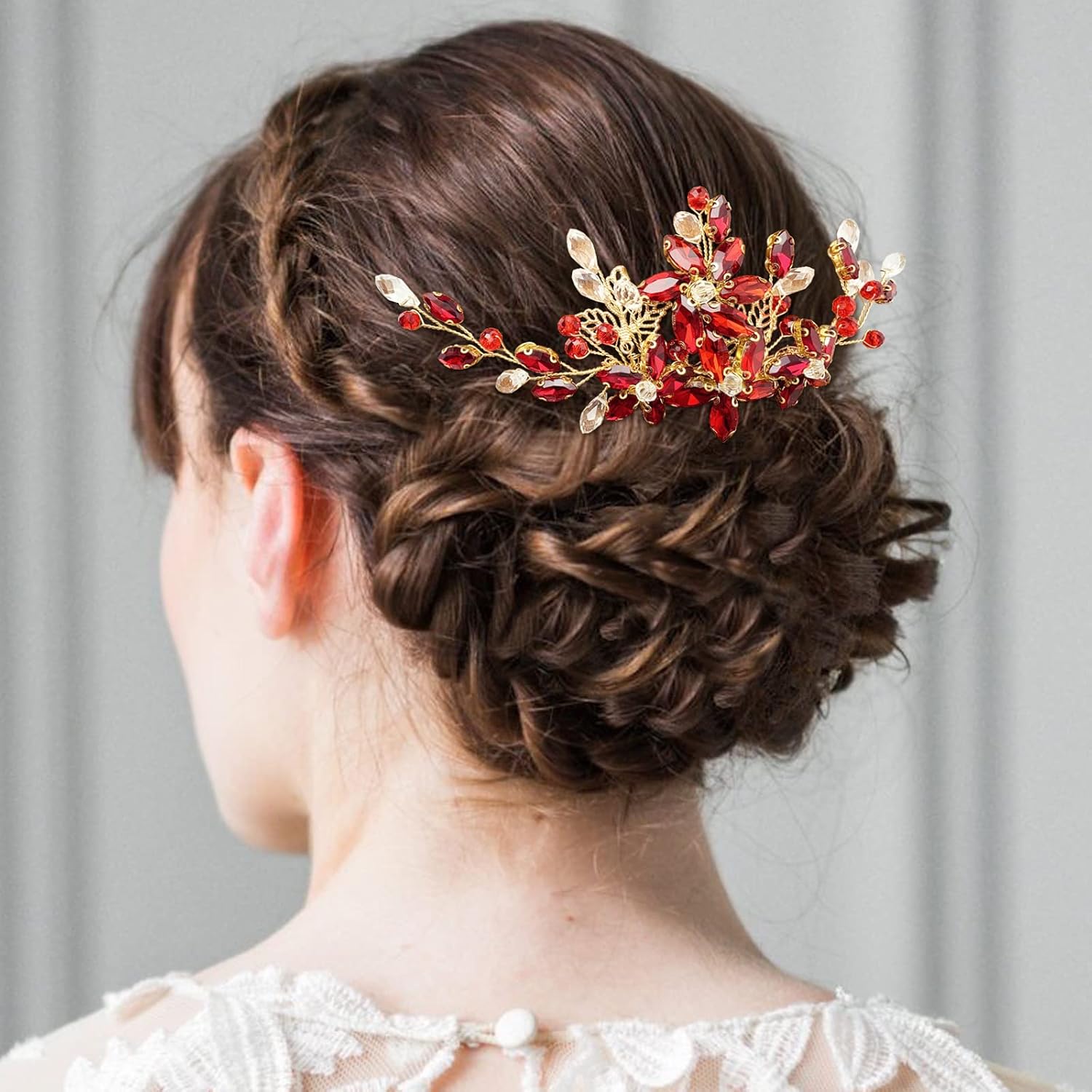 BETITETO Pieza de pelo de novia de cristal rojo con peine de flores de vid dorada, accesorios para el cabello para bodas, mujeres y niñas (dorado,