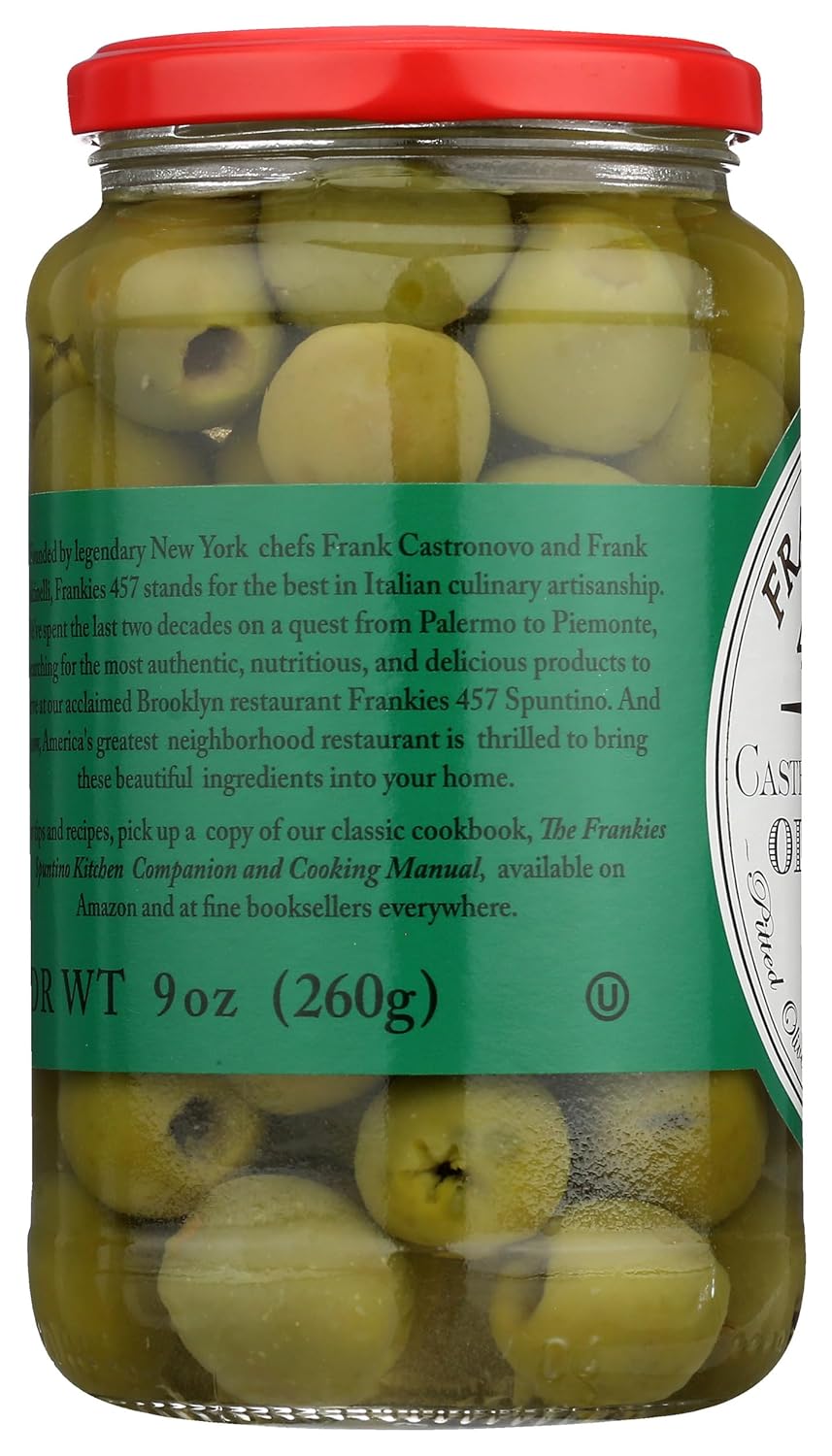 FRANKIES 457 Aceitunas Castelvetrano verdes sin hueso, 9 onzas