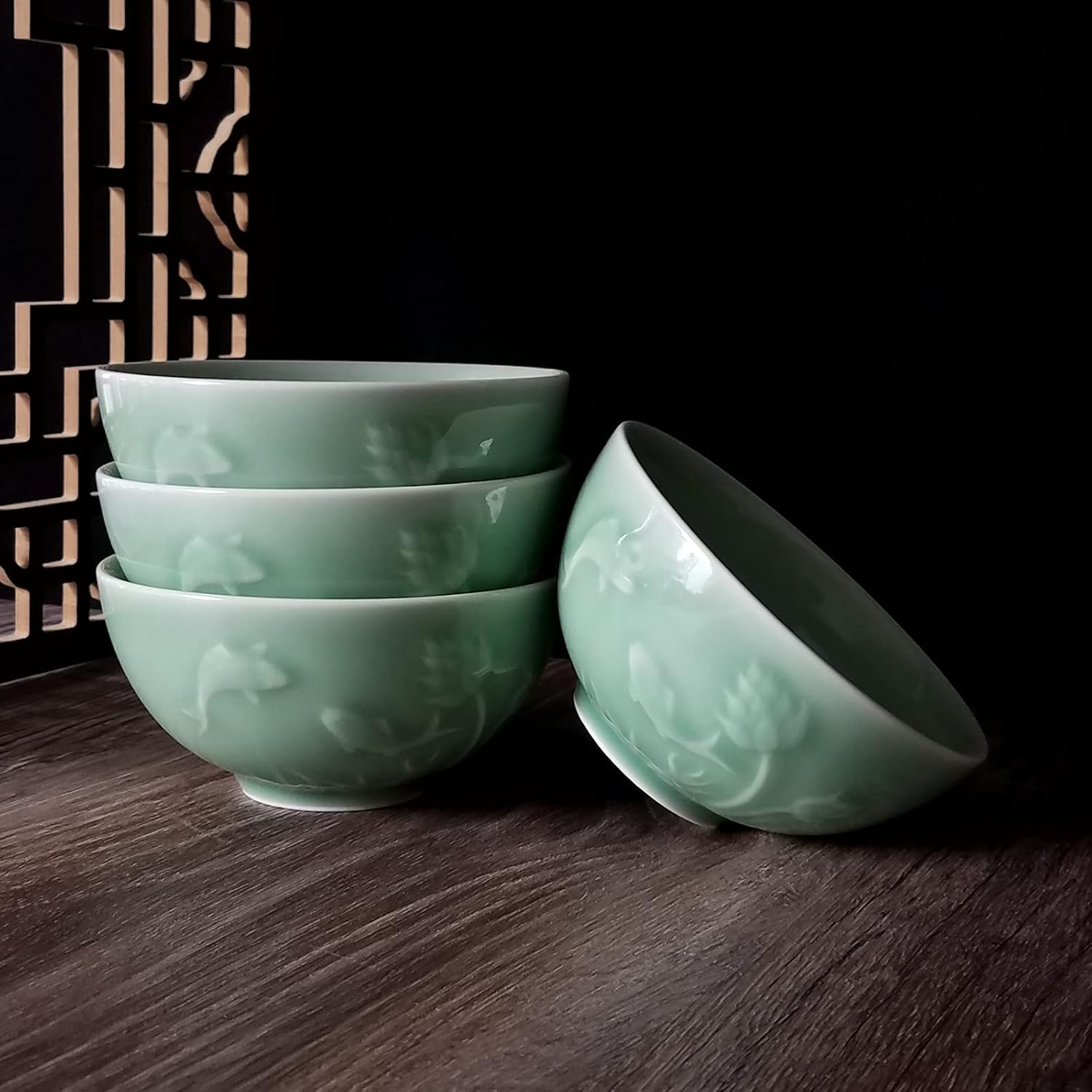 Celadon – Cuencos de cereales de porcelana de 10 onzas, 4.5 pulgadas, cuenco de arroz grabado Lotus apto para microondas y lavavajillas (4.5