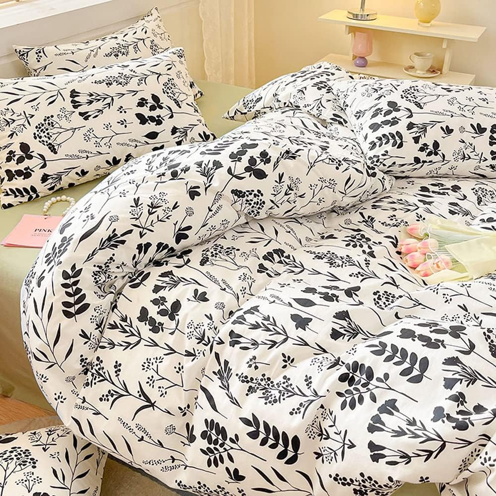Wellboo Juego de edredón botánico tamaño King, ropa de cama floral en blanco y negro, colcha de algodón para niñas y mujeres, ropa de cama bohemia