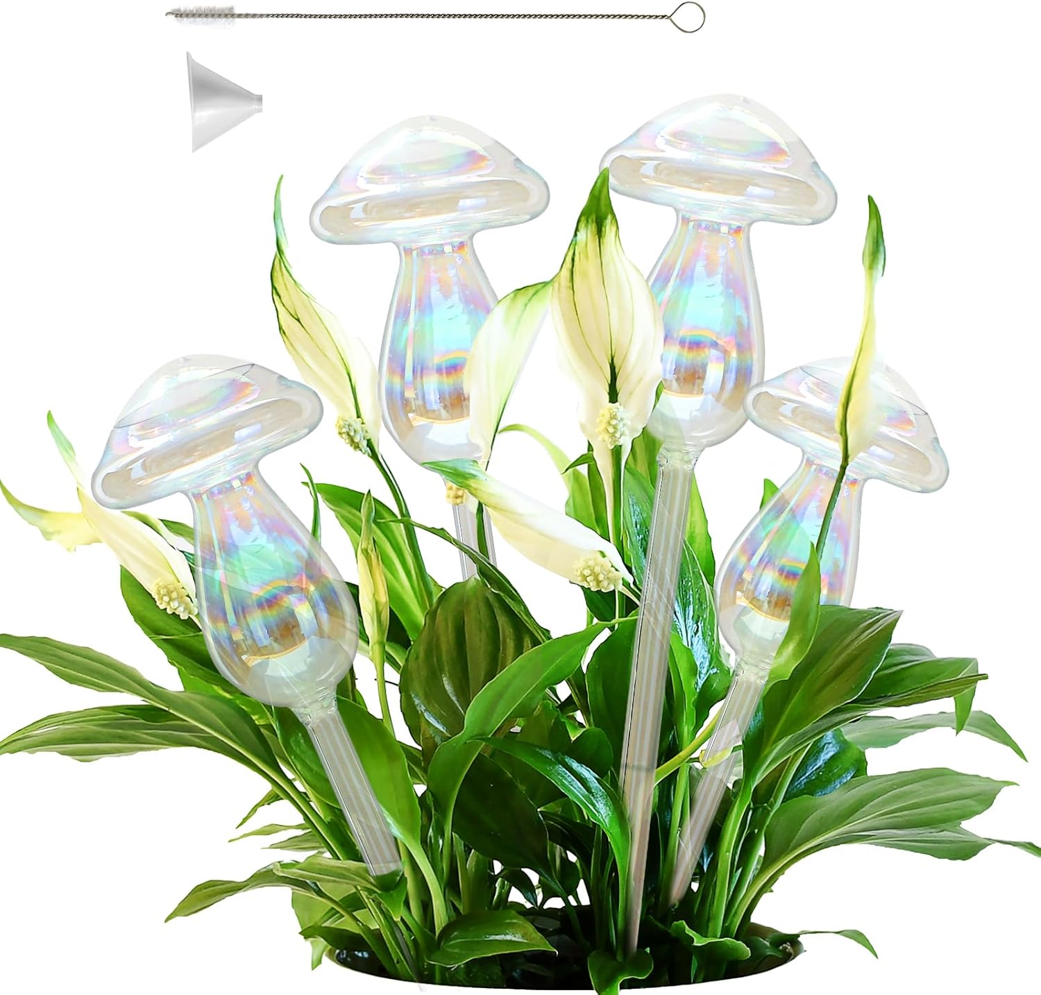 Globos de riego de plantas, 4 piezas iridiscentes arco iris degradado de color transparente de hongos de vidrio transparente con picos de riego