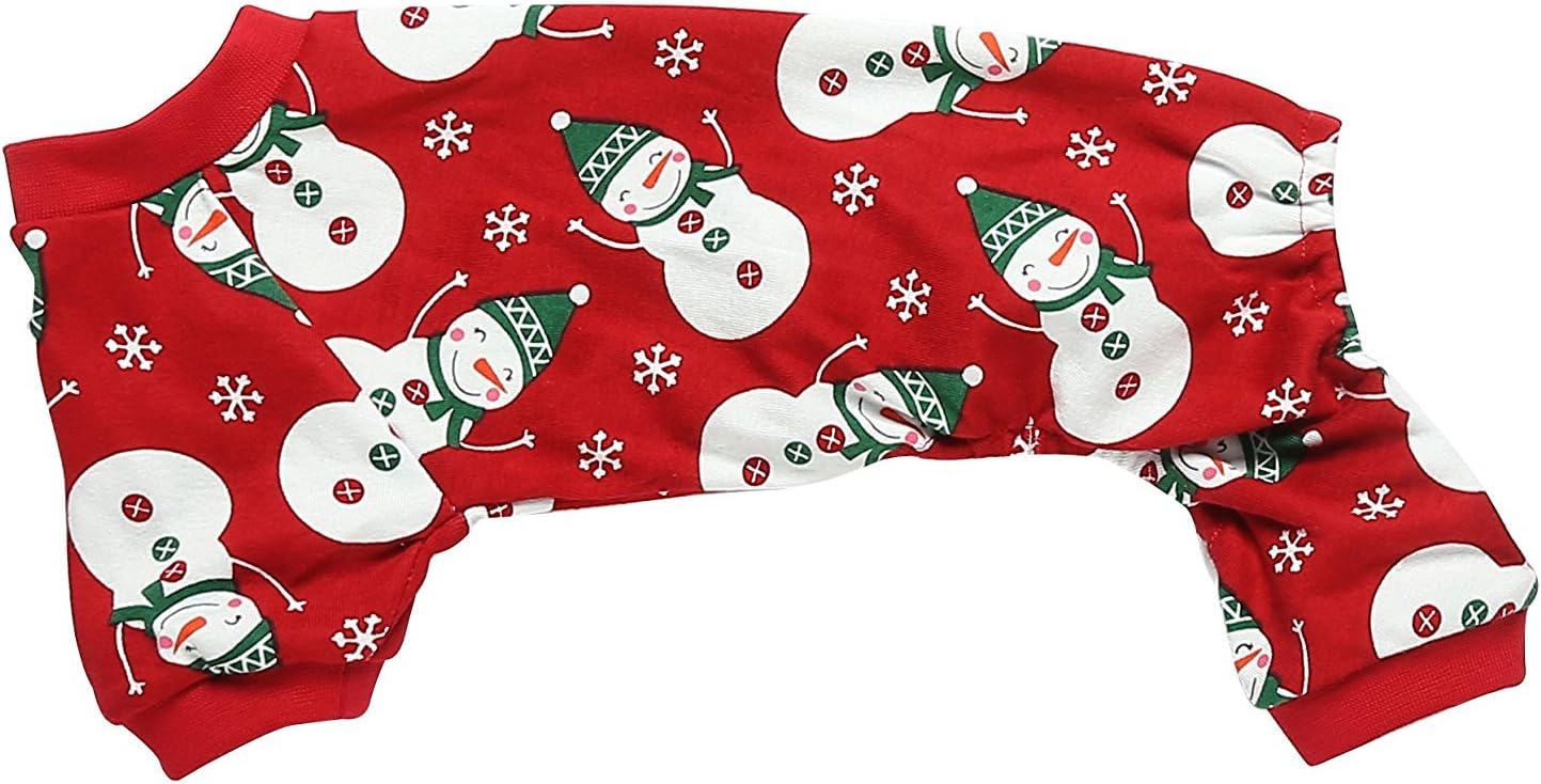 bonita pijama para perros, para mascotas pequeñas, diseño de muñeco y copos de nieve, color rojo, 95% algodón, 5% licra