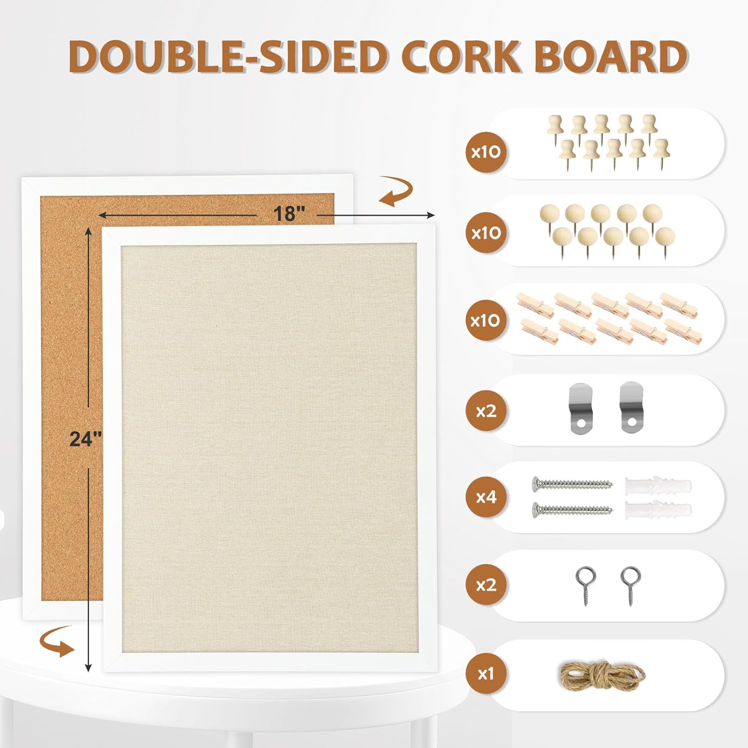 Tablero de corcho grande de doble cara con lino, tablero de anuncios con marco de madera colgante de 24 x 18 pulgadas, tablero de visión de