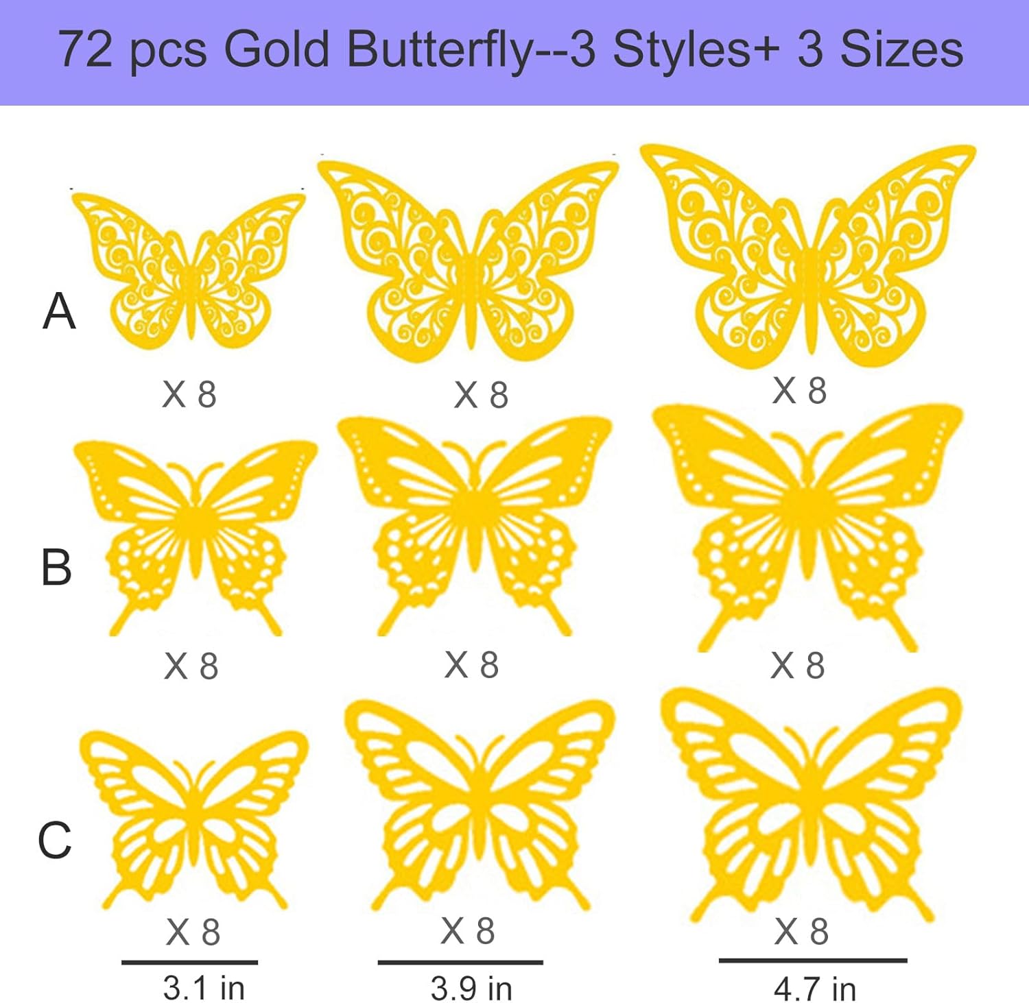 72 piezas de decoración de pared de mariposa 3D en 3 tamaños y 3 estilos, decoraciones de mariposa, decoración de pasteles de cumpleaños,