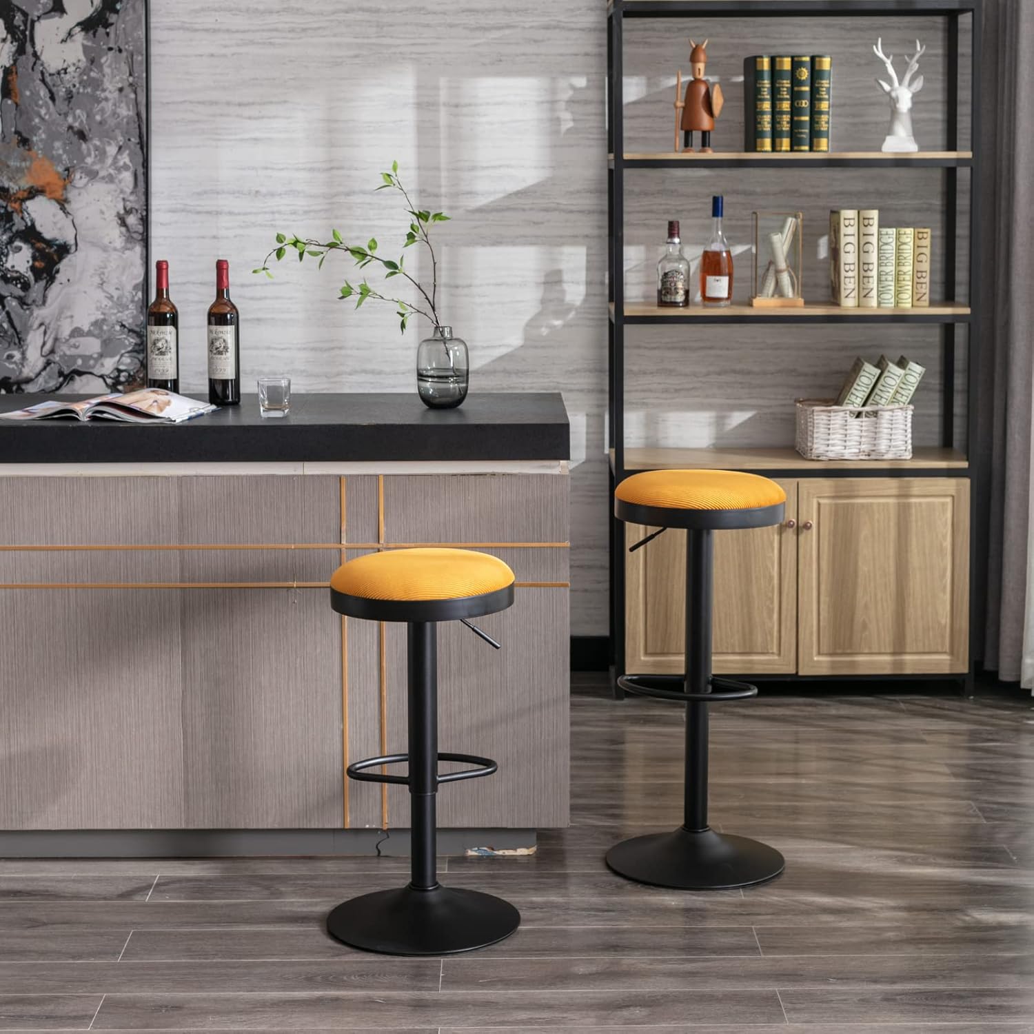 CIMOO Taburetes de bar sin espalda, juego de 2 taburetes de bar redondos ajustables para encimera de cocina, taburete giratorio de altura de barra,