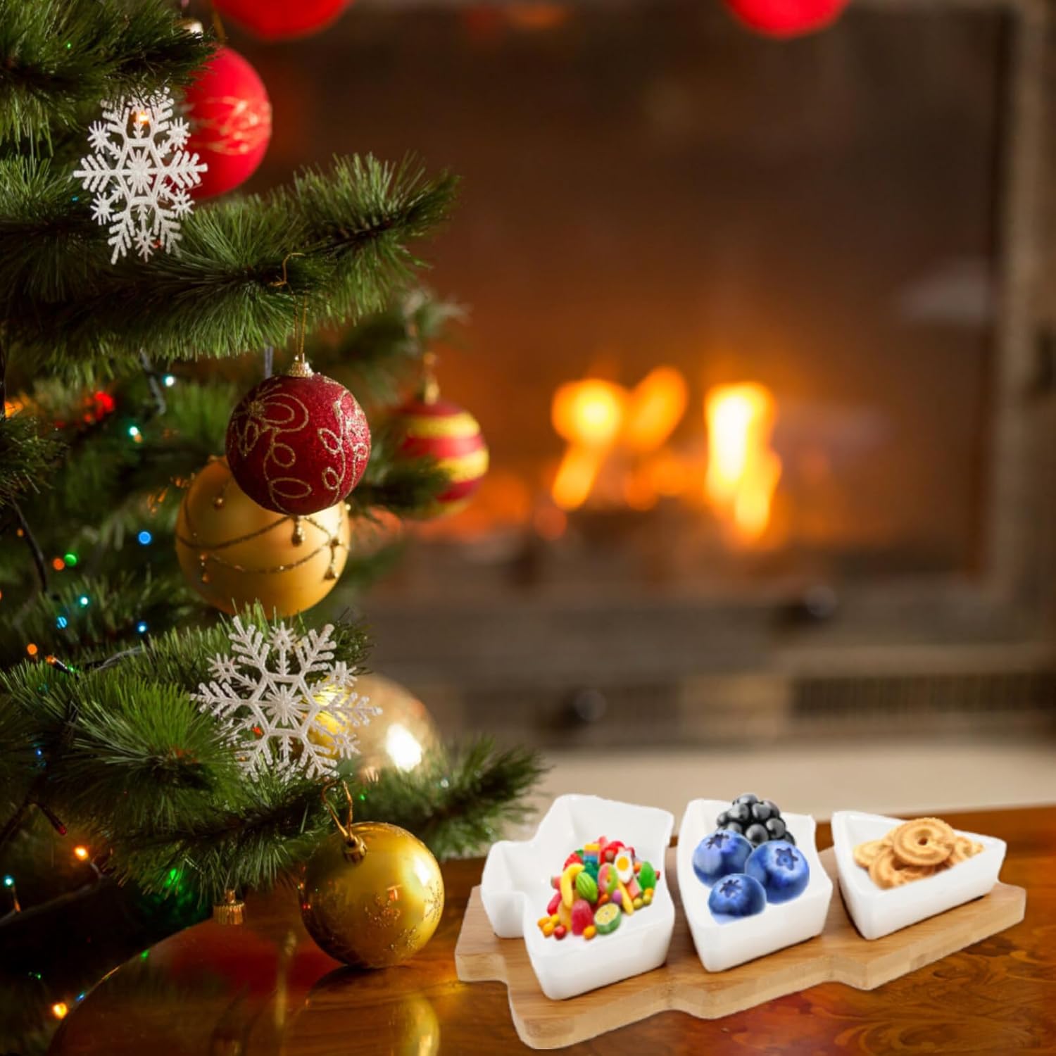 Angoily Bandeja de cerámica con forma de árbol de Navidad para entretenimiento, plato de servir alimentos con base para aperitivos, aperitivos,
