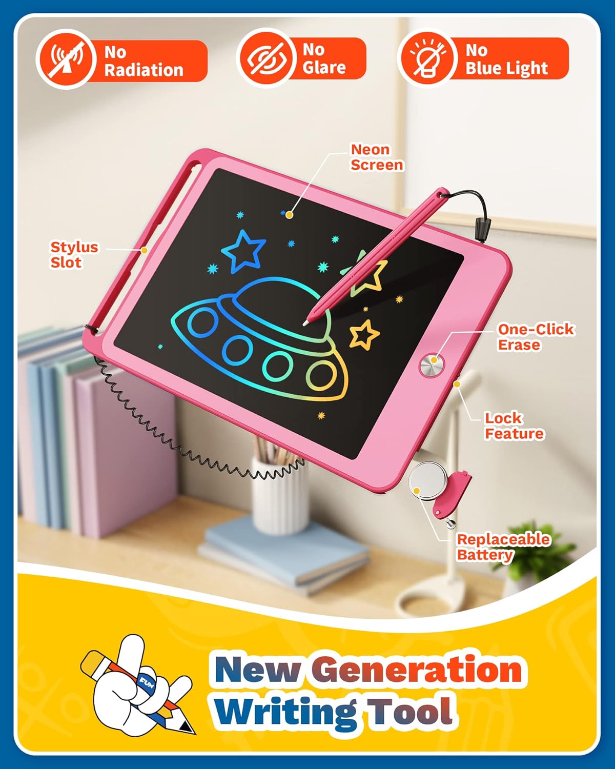 TEKFUN LCD Writing Tablet Kids Toddler Toys, 10inch Colorful Doodle Board Kids Travel Learning Toys Drawing Tablet, Birthday Gifts Presents for 2 3