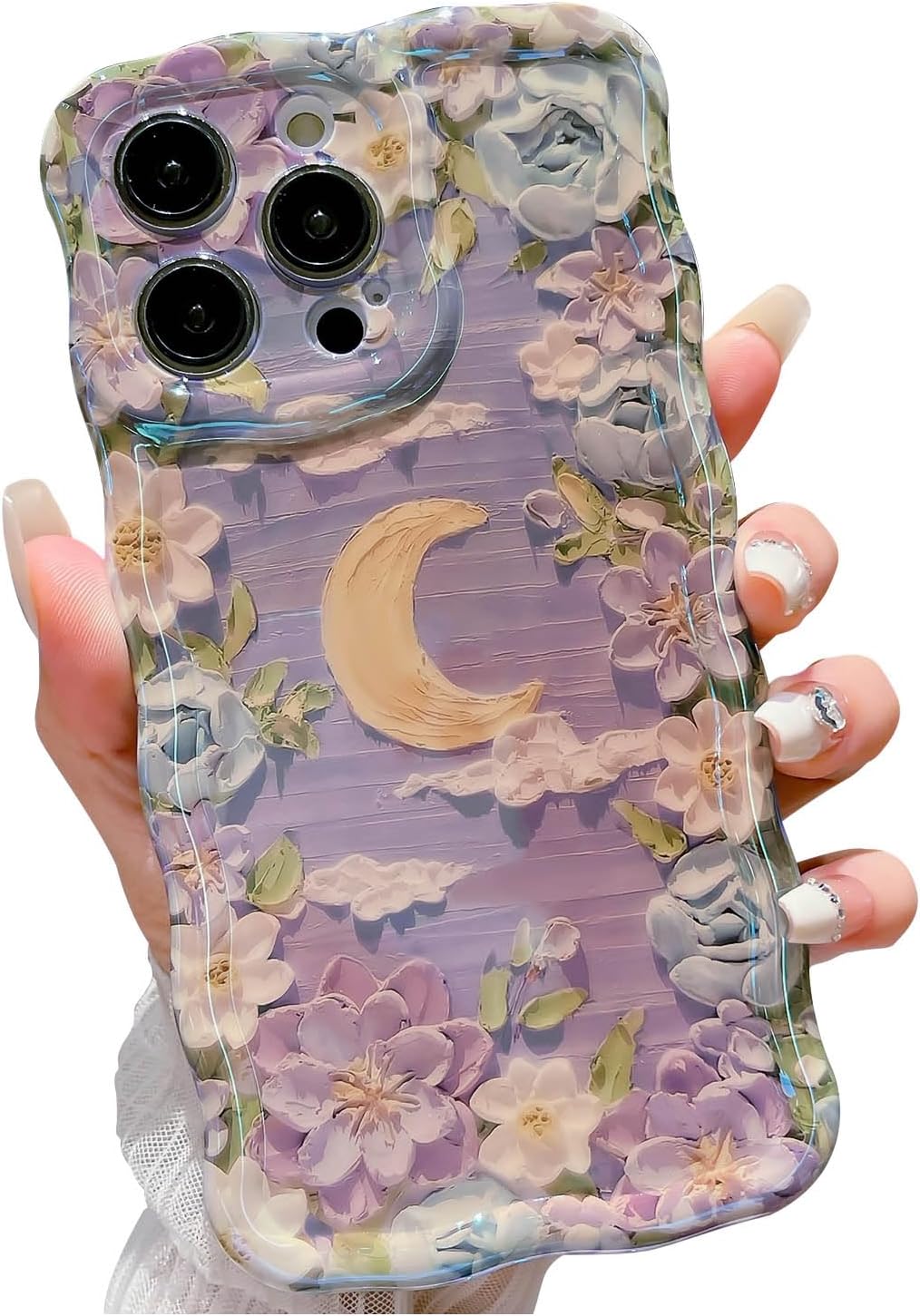 Funda para iPhone 13 Pro Max, colorida pintura al óleo retro flor linda rizada con borde floral para mujeres y niñas, protección de cámara, funda