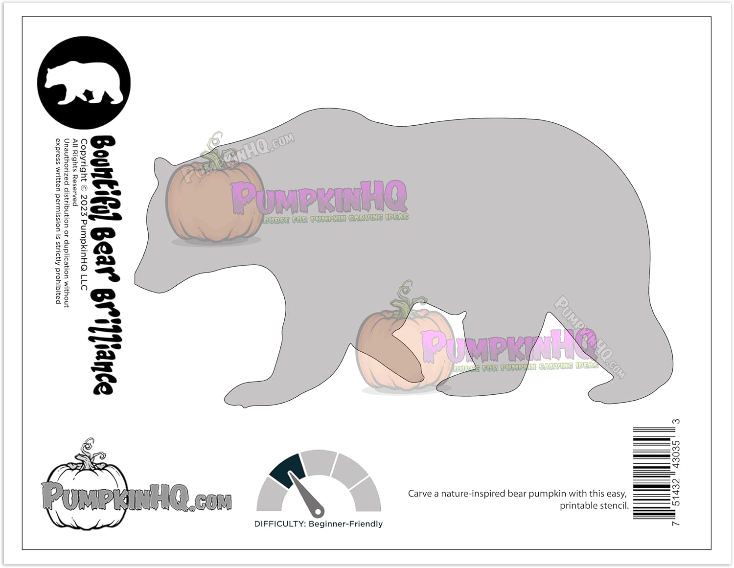Bear Jack-O-Lantern – Plantilla para tallar calabaza  Brillo de oso abundante  Impreso en papel adhesivo Easycarve soluble en agua  Nivel de tallado