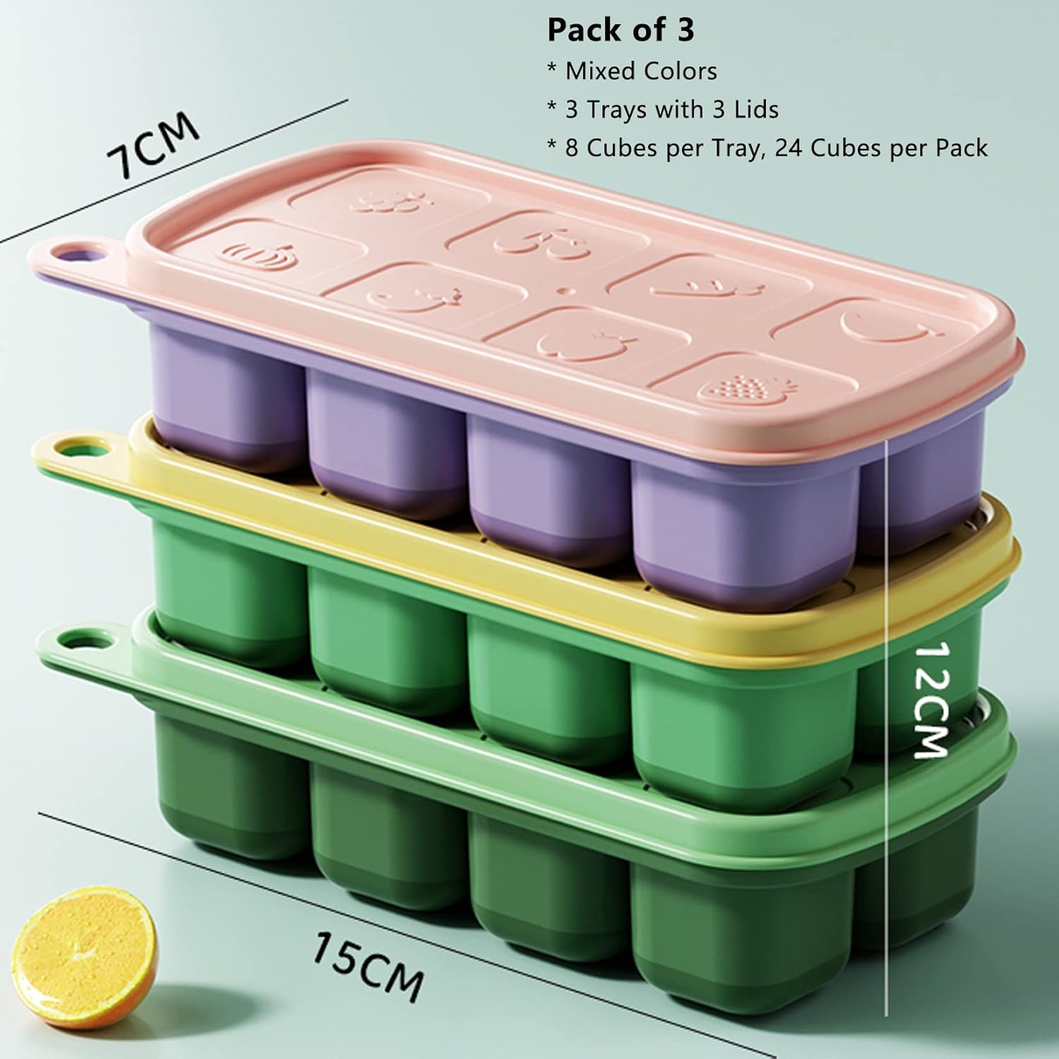 Molde para cubitos de hielo pequeño, paquete de 3 (24 cubos de 1.1 pulgadas), bandejas cuadradas para cubitos de hielo de 0.7 onzas con tapa, sin