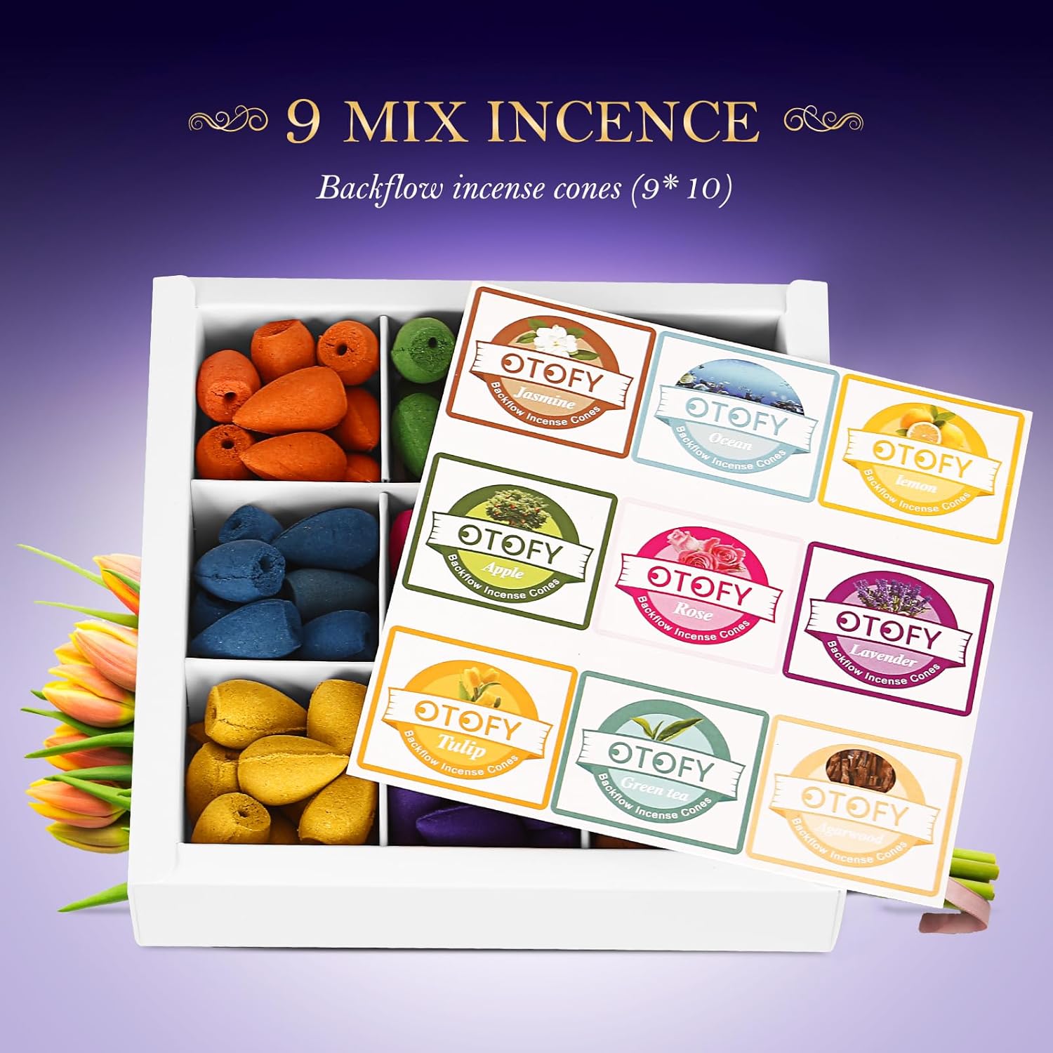 OTOFY Conos de incienso de reflujo para fuente de humo aromático de cascada, Haze Falls, 9 incienso mixto de cascada rosa lavanda para soporte de