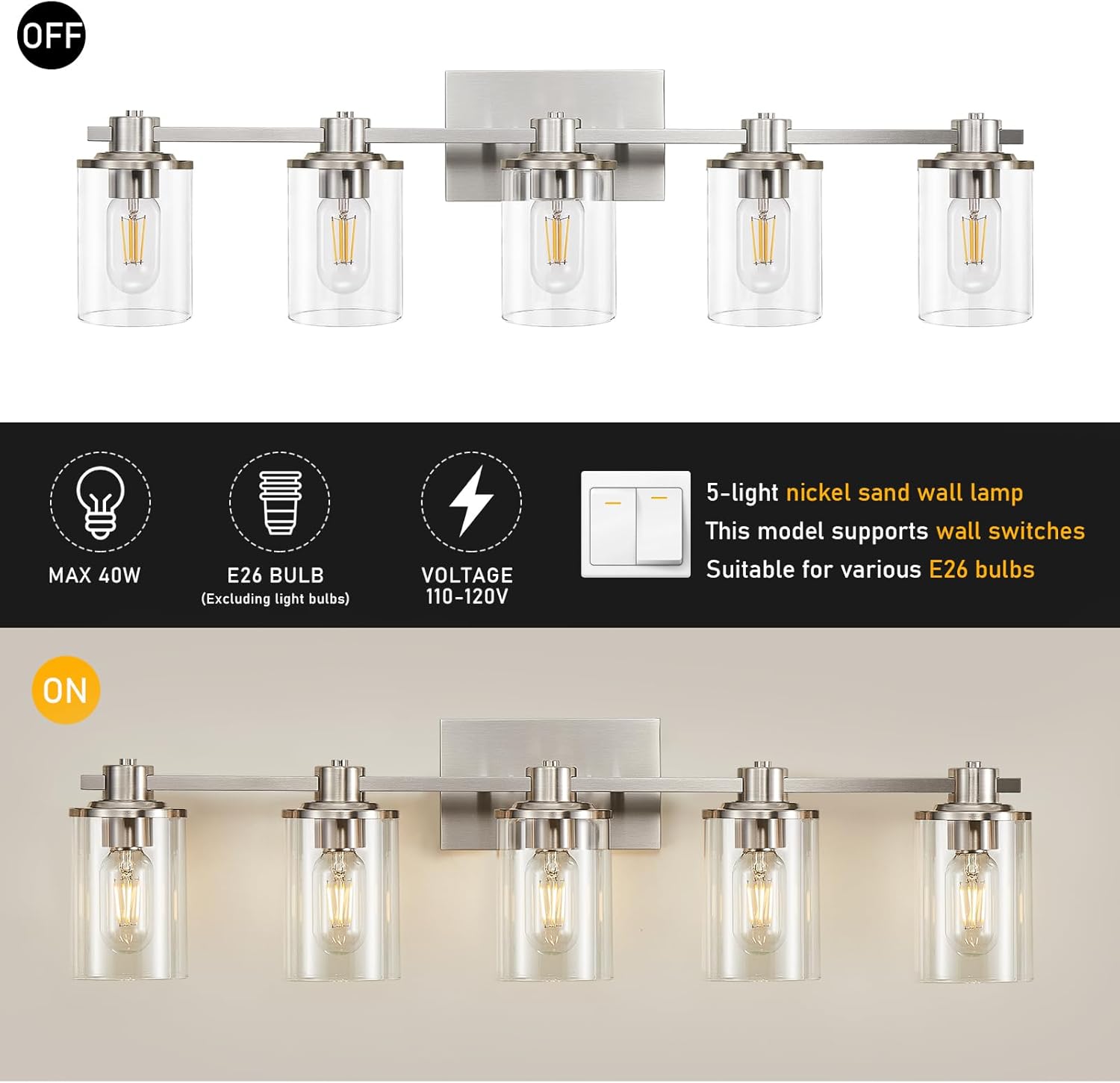 DUJAHMLAND Lámpara de baño, 5 luces de níquel cepillado sobre espejo, luz de tocador con pantalla de vidrio transparente, iluminación de tocador de