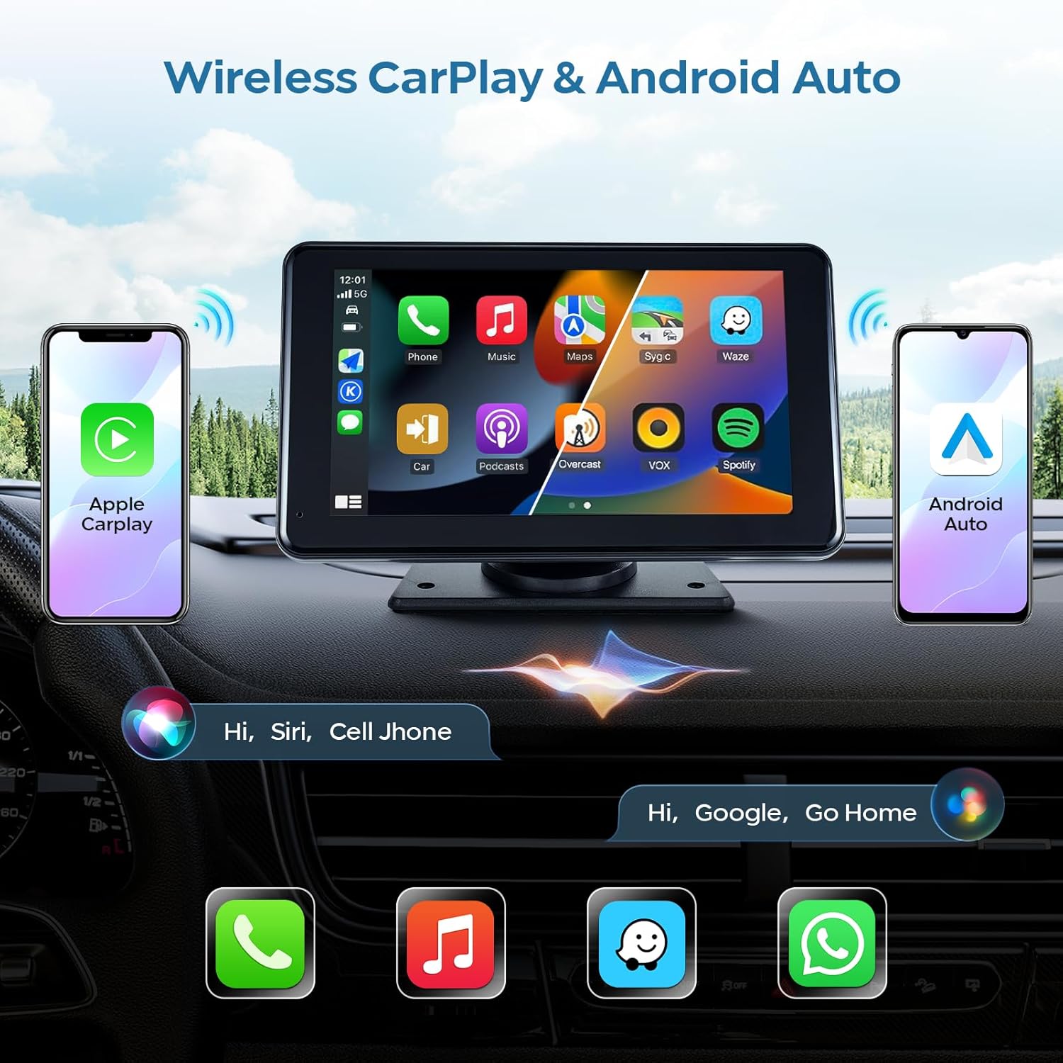 Apple Carplay portátil de 7 pulgadas, pantalla táctil inalámbrica de doble DIN, compatible con Apple Carplay y Android Auto, estéreo para automóvil