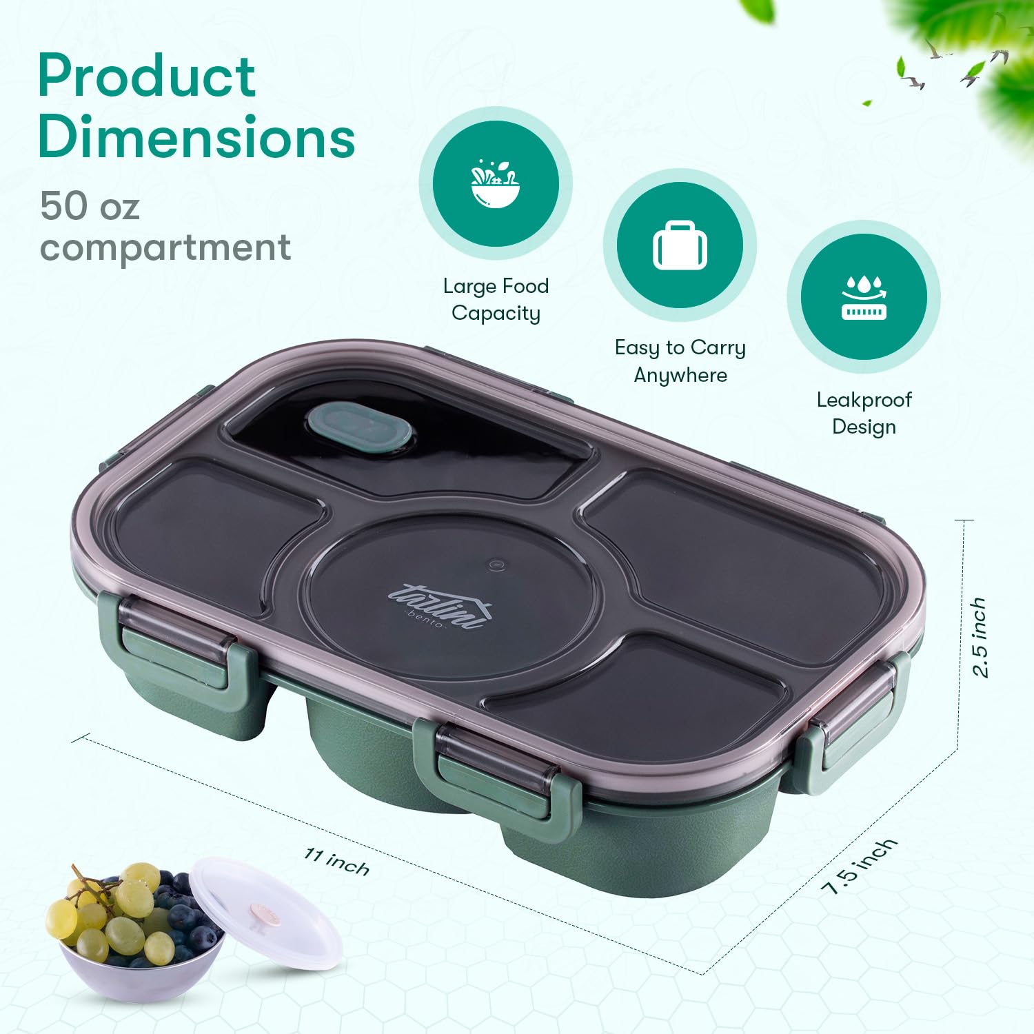 Tarlini – Caja Bento verde para adultos, contenedor de 5 compartimentos con separadores para comidas equilibradas, caja Bento japonesa segura para