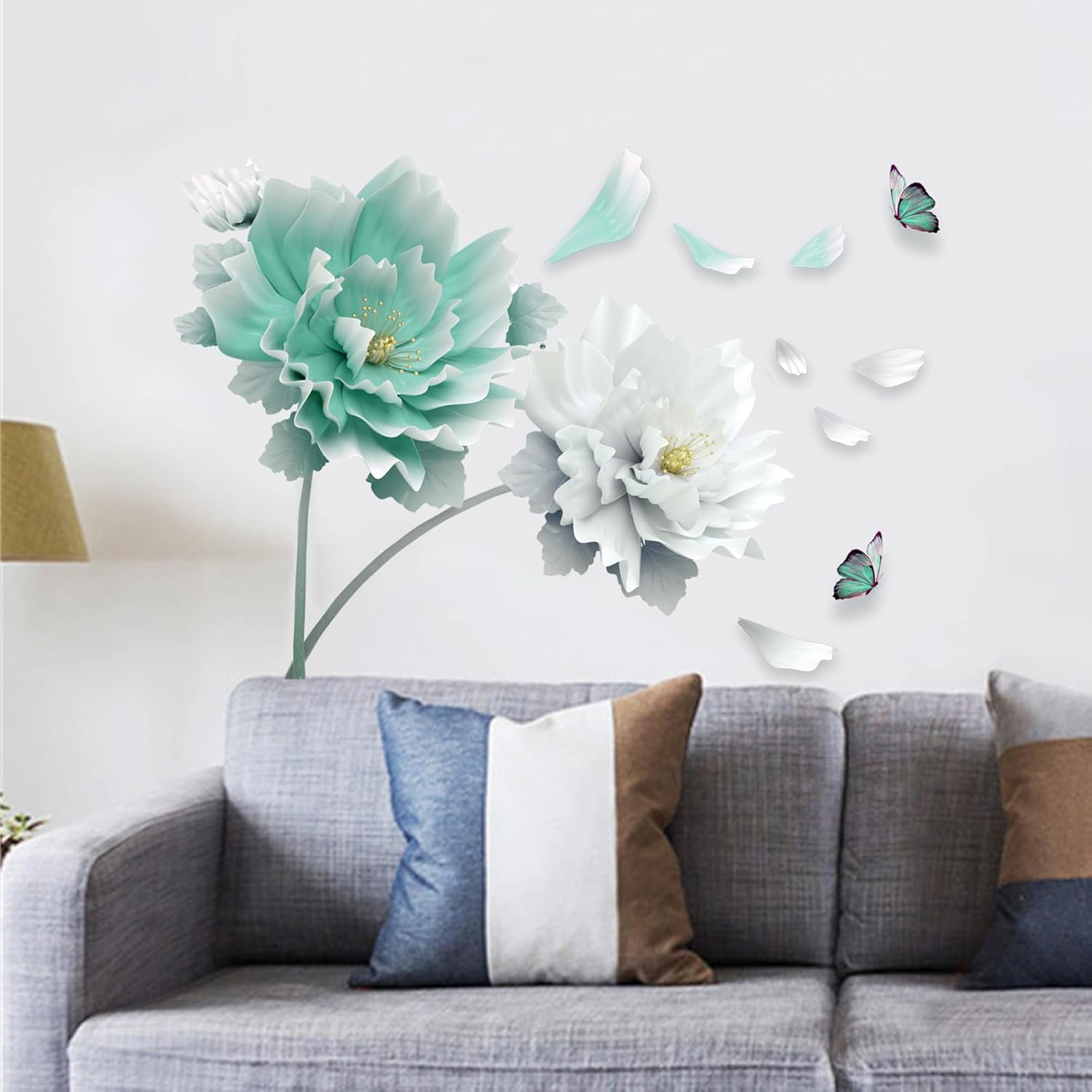 RoyoLam Calcomanías de pared grandes de flores cian, pétalos, mariposas, calcomanías de pared florales para sala de estar, removibles, despegar y
