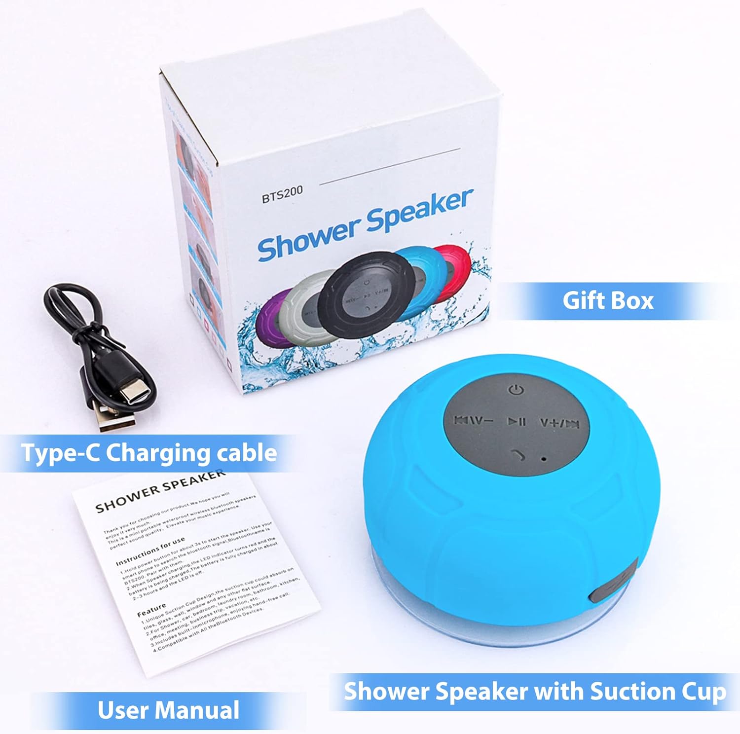 Altavoz de ducha Bluetooth impermeable portátil inalámbrico resistente al agua manos libres altavoz con micrófono incorporado, ventosa para baño azul