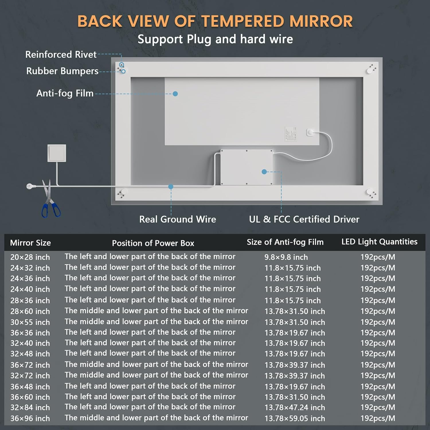 Espejo de baño LED mejorado de 48 x 32 pulgadas con luces, frontal y retroiluminado, antiniebla, regulable, espejo de baño iluminado para pared,